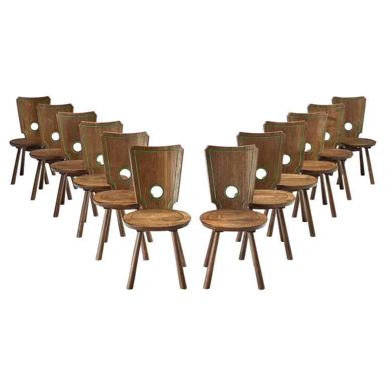 Set of Twelve Rustic French Dining Chairs in Solid Oak For Sale