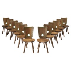 Retro Set of Twelve Rustic French Dining Chairs in Solid Oak 