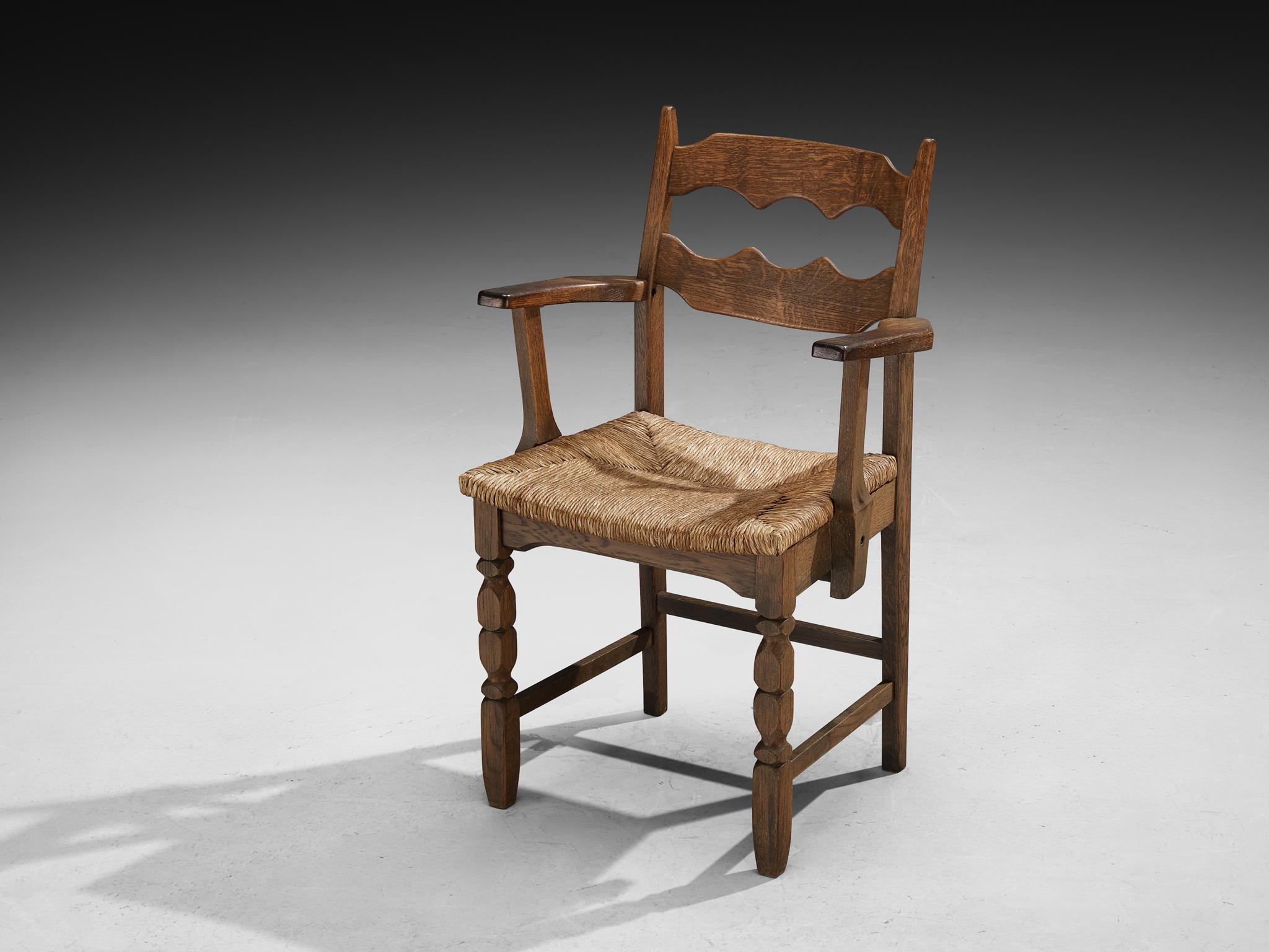 Set of Twelve Rustic Mid-Century Carved Armchairs in Oak and Straw For Sale 4