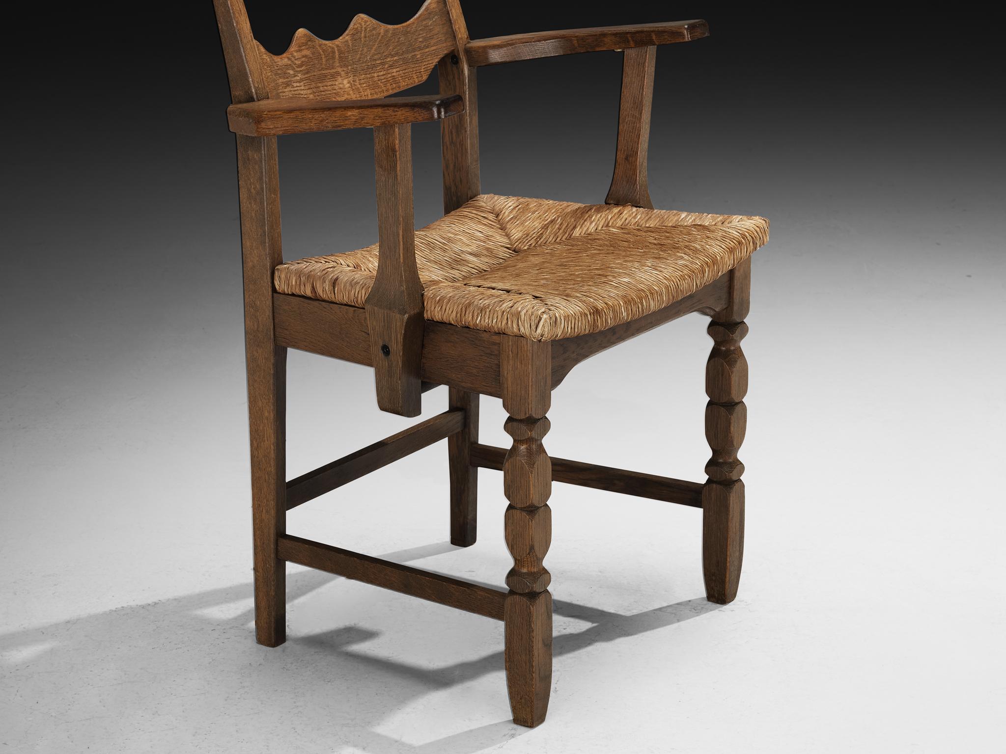 Set of Twelve Rustic Mid-Century Carved Armchairs in Oak and Straw For Sale 5