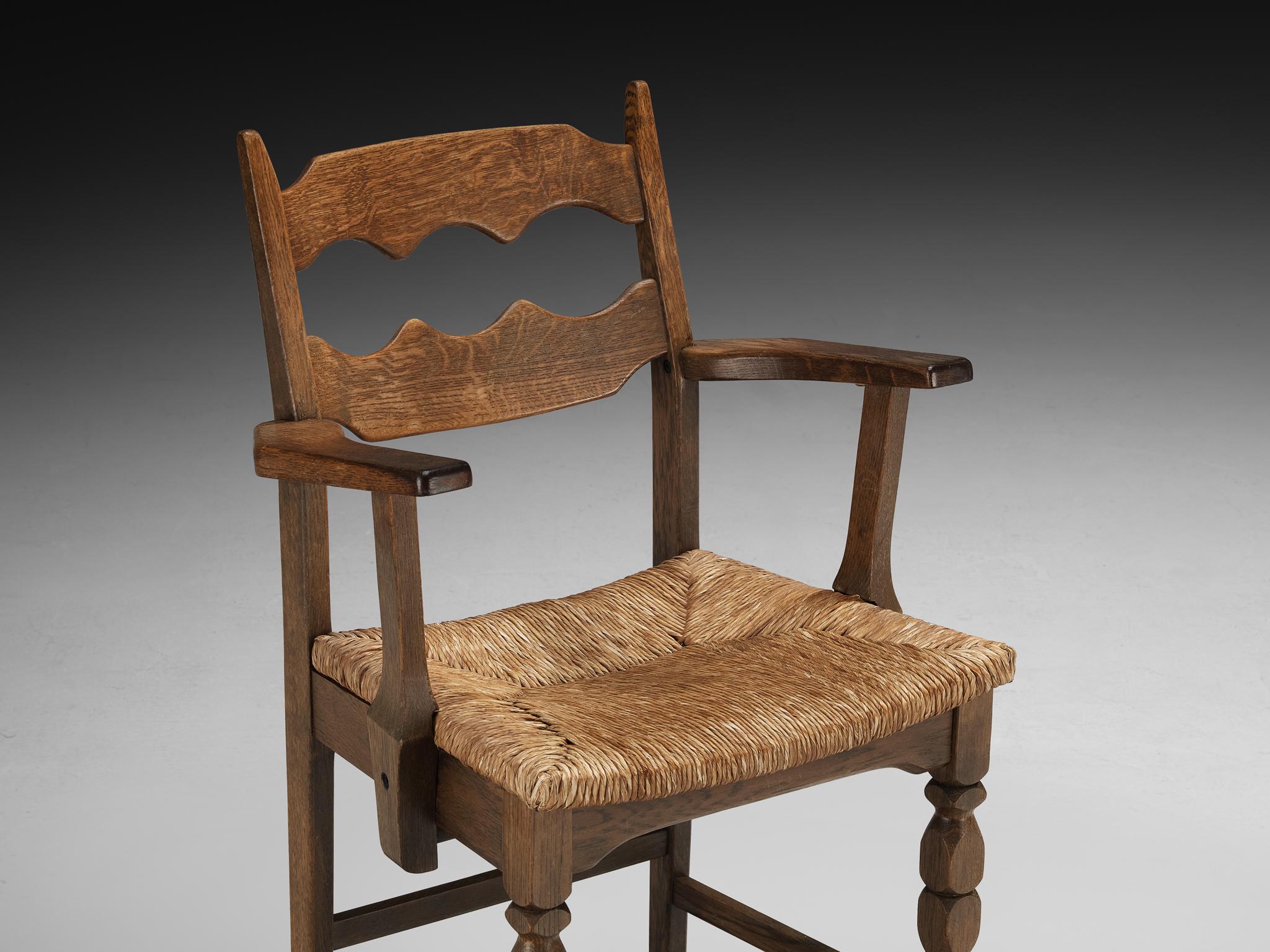 Set of Twelve Rustic Mid-Century Carved Armchairs in Oak and Straw For Sale 1