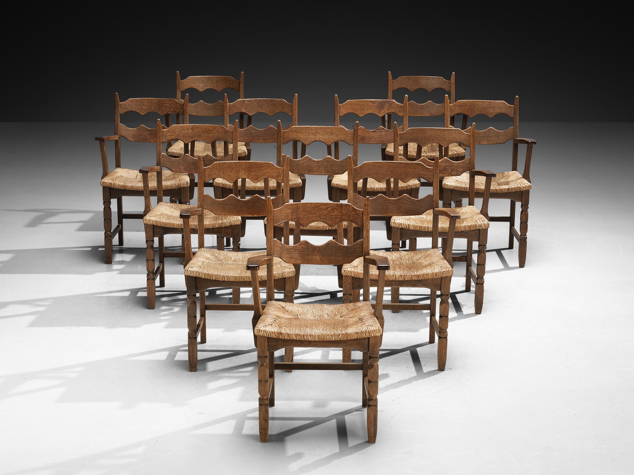 Set of Twelve Rustic Mid-Century Carved Armchairs in Oak and Straw For Sale 2