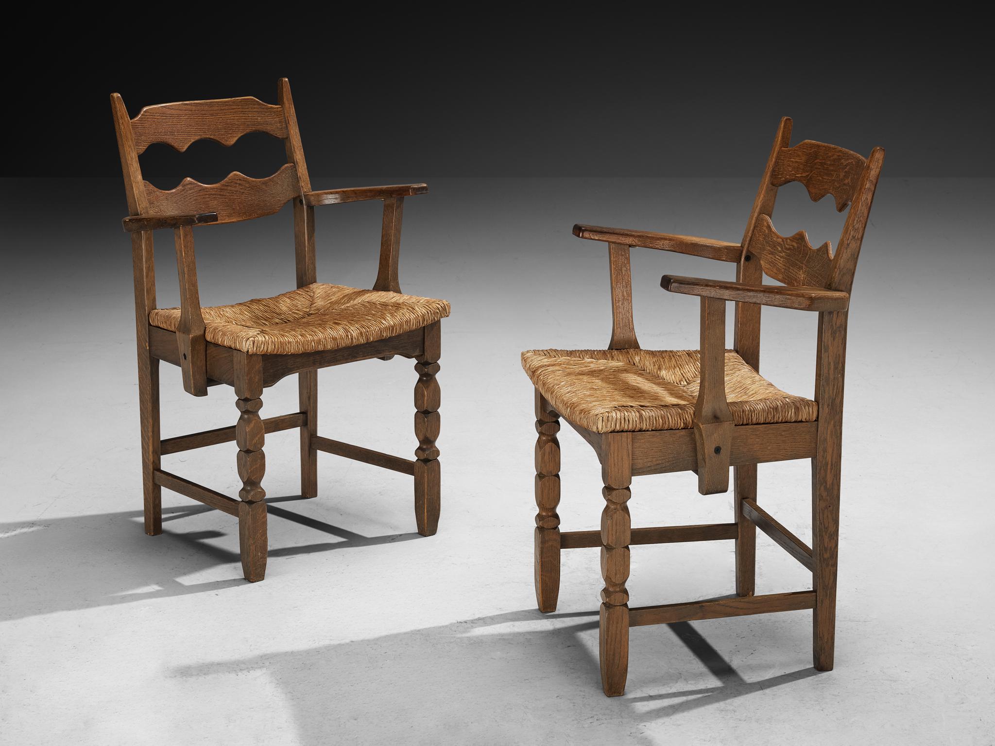 Set of Twelve Rustic Mid-Century Carved Armchairs in Oak and Straw For Sale 3