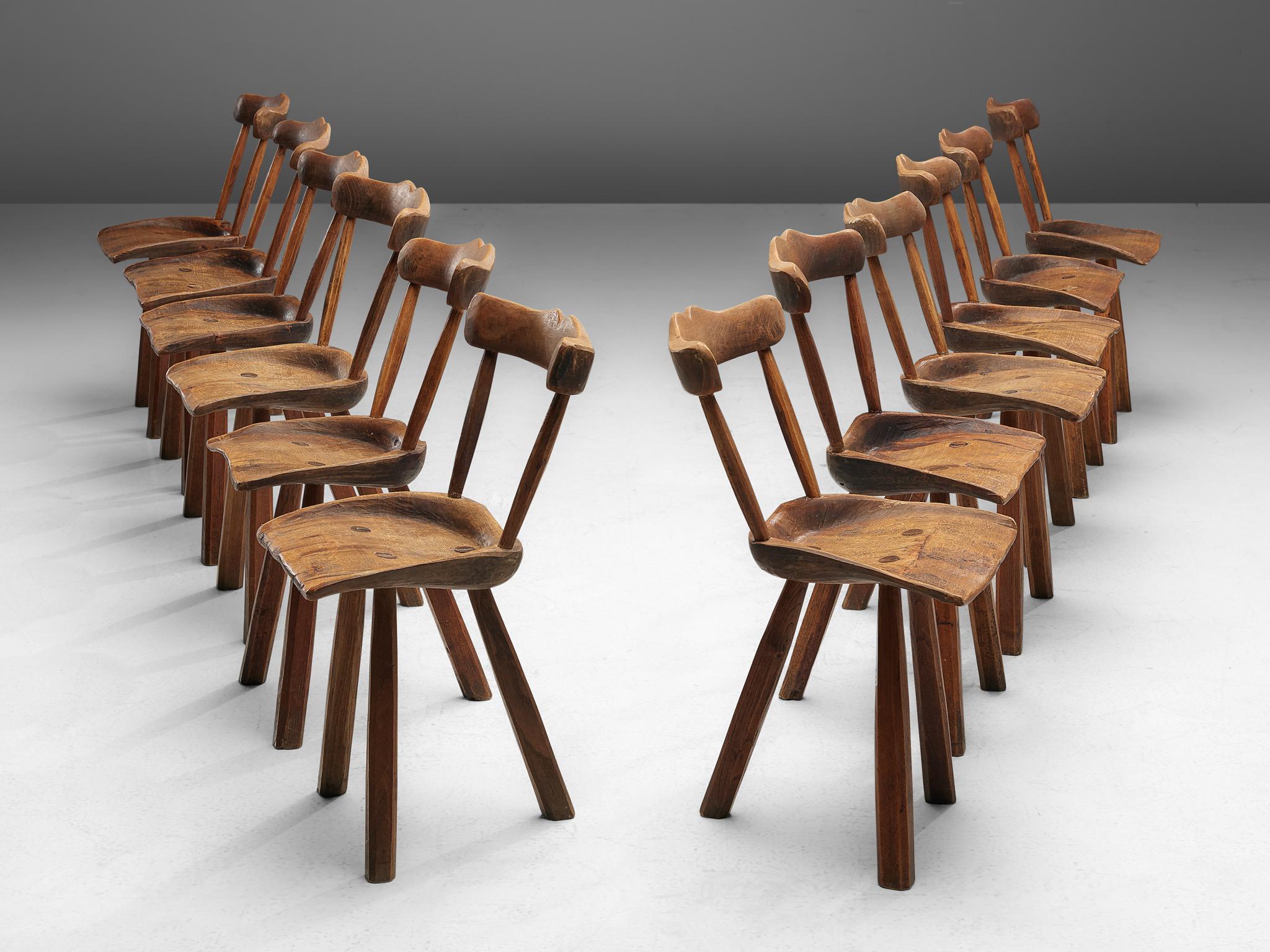 Mid-Century Modern Set of Twelve Rustic Tripod Dining Chairs
