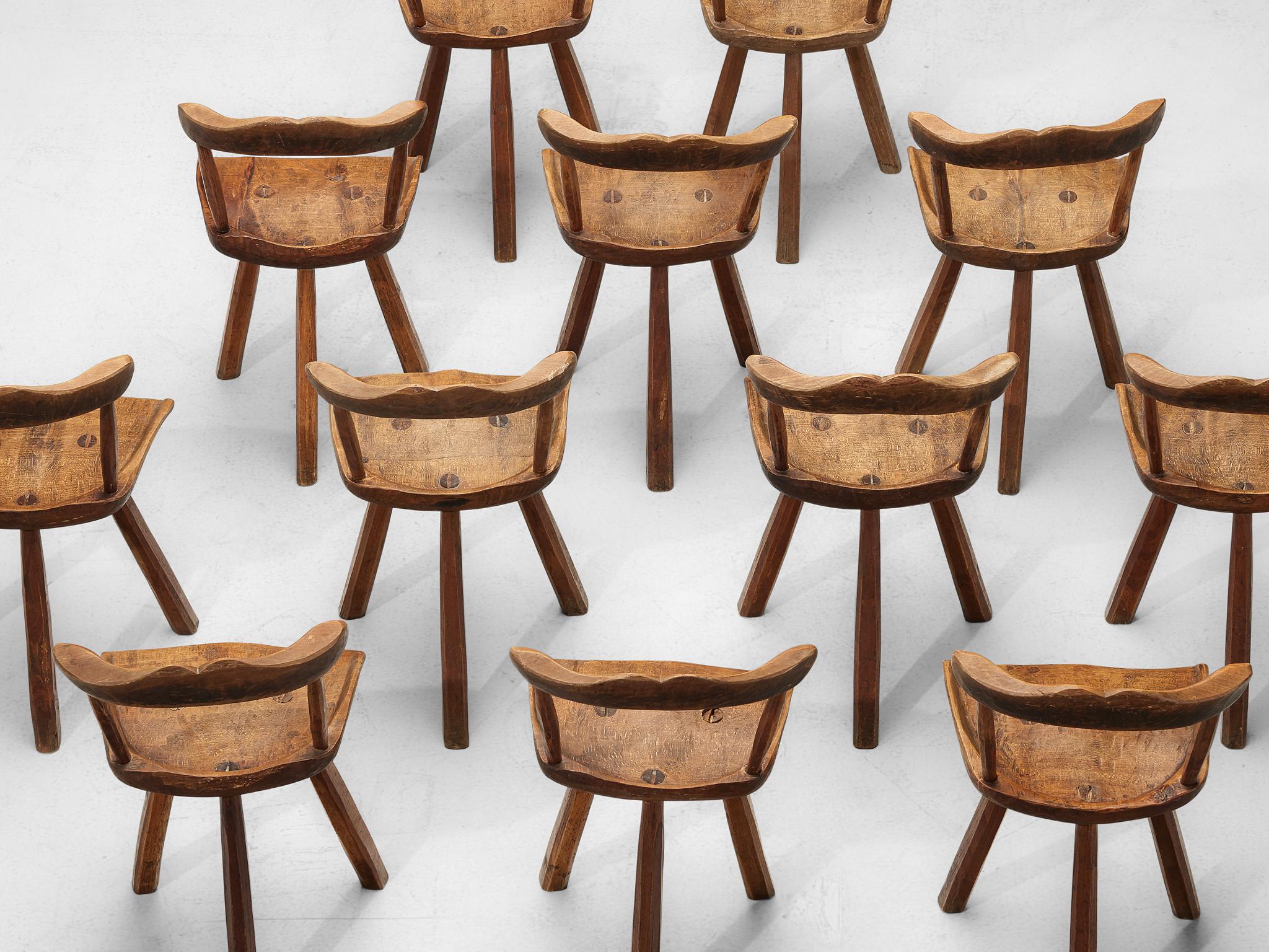 Mid-20th Century Set of Twelve Rustic Tripod Dining Chairs