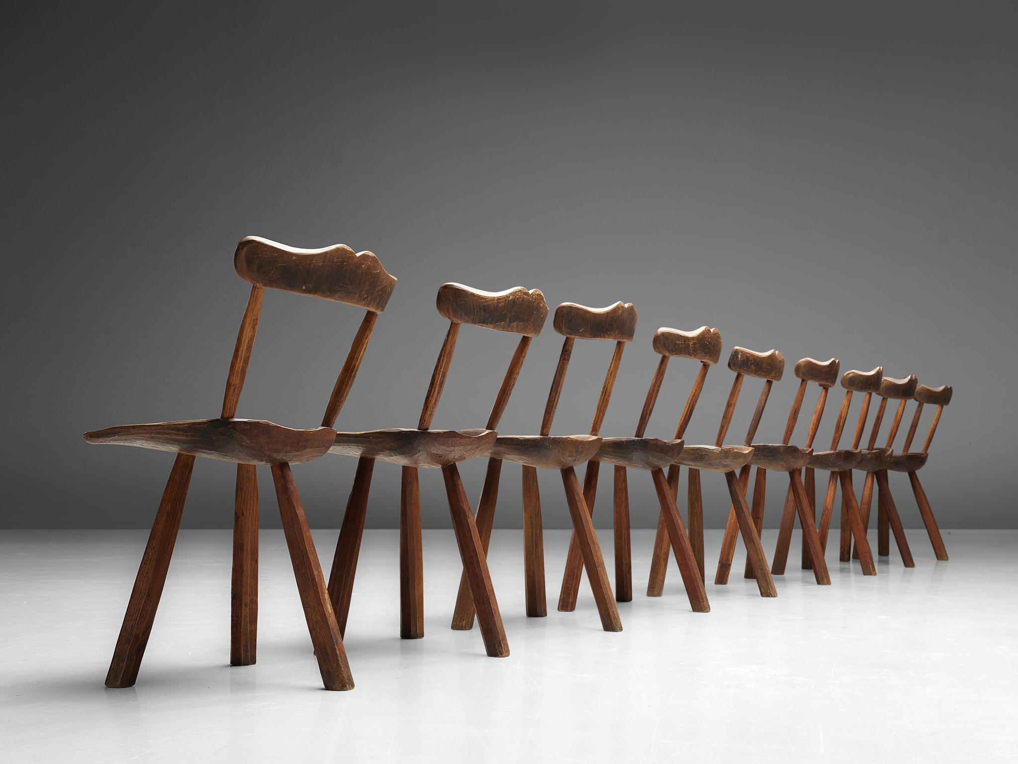 Beech Set of Twelve Rustic Tripod Dining Chairs