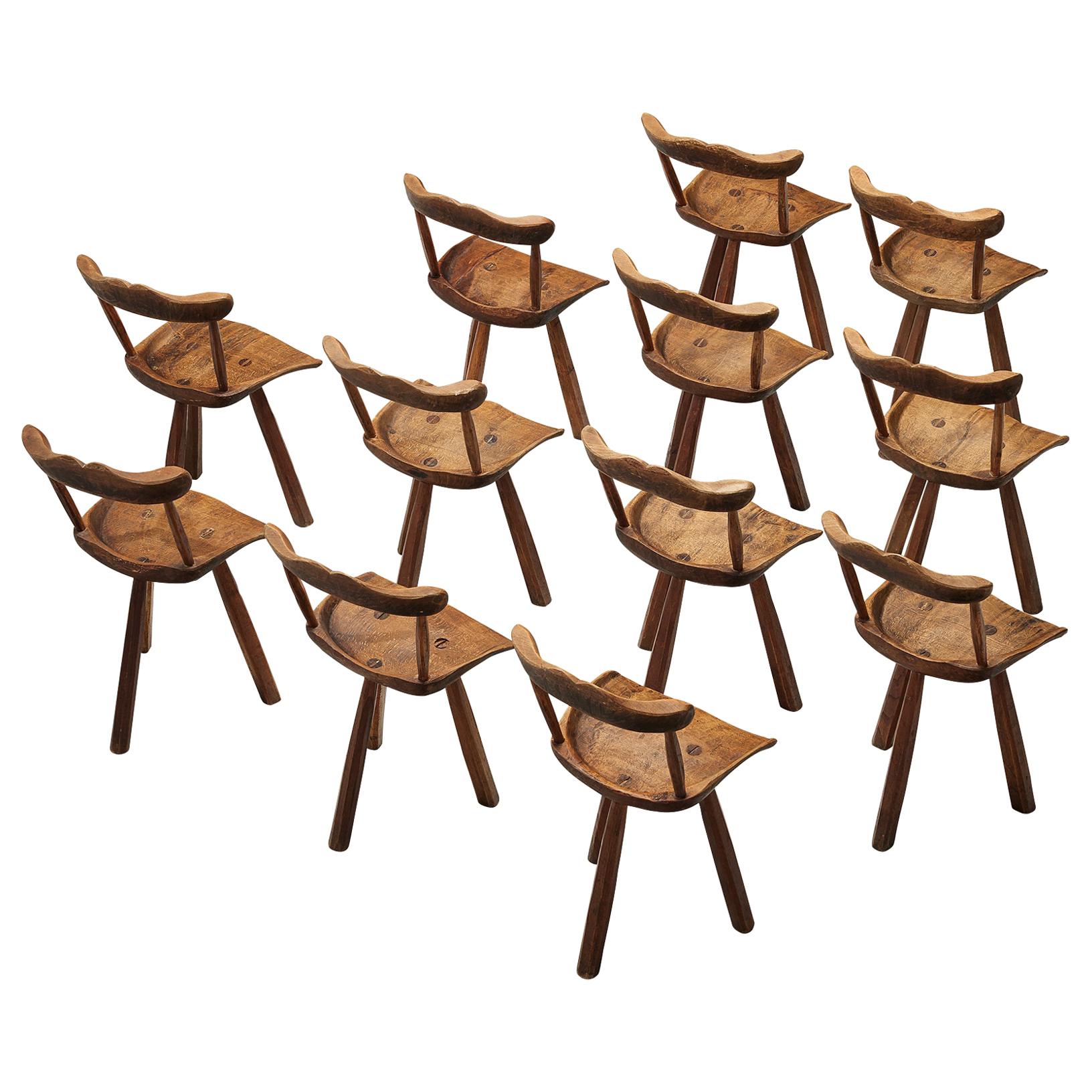 Set of Twelve Rustic Tripod Dining Chairs