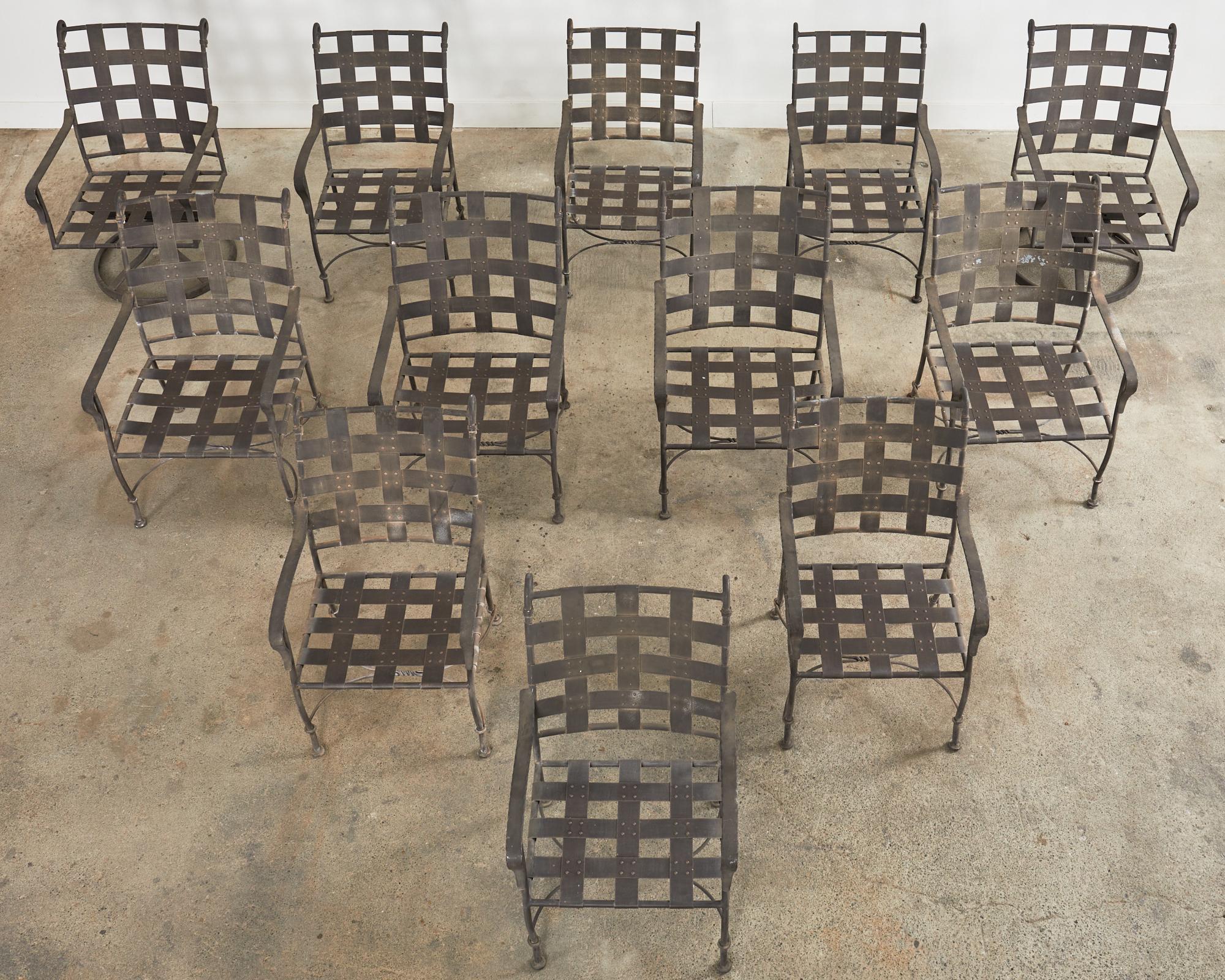 Neoclassical Set of Twelve Salterini Style Iron Strap Lattice Garden Chairs
