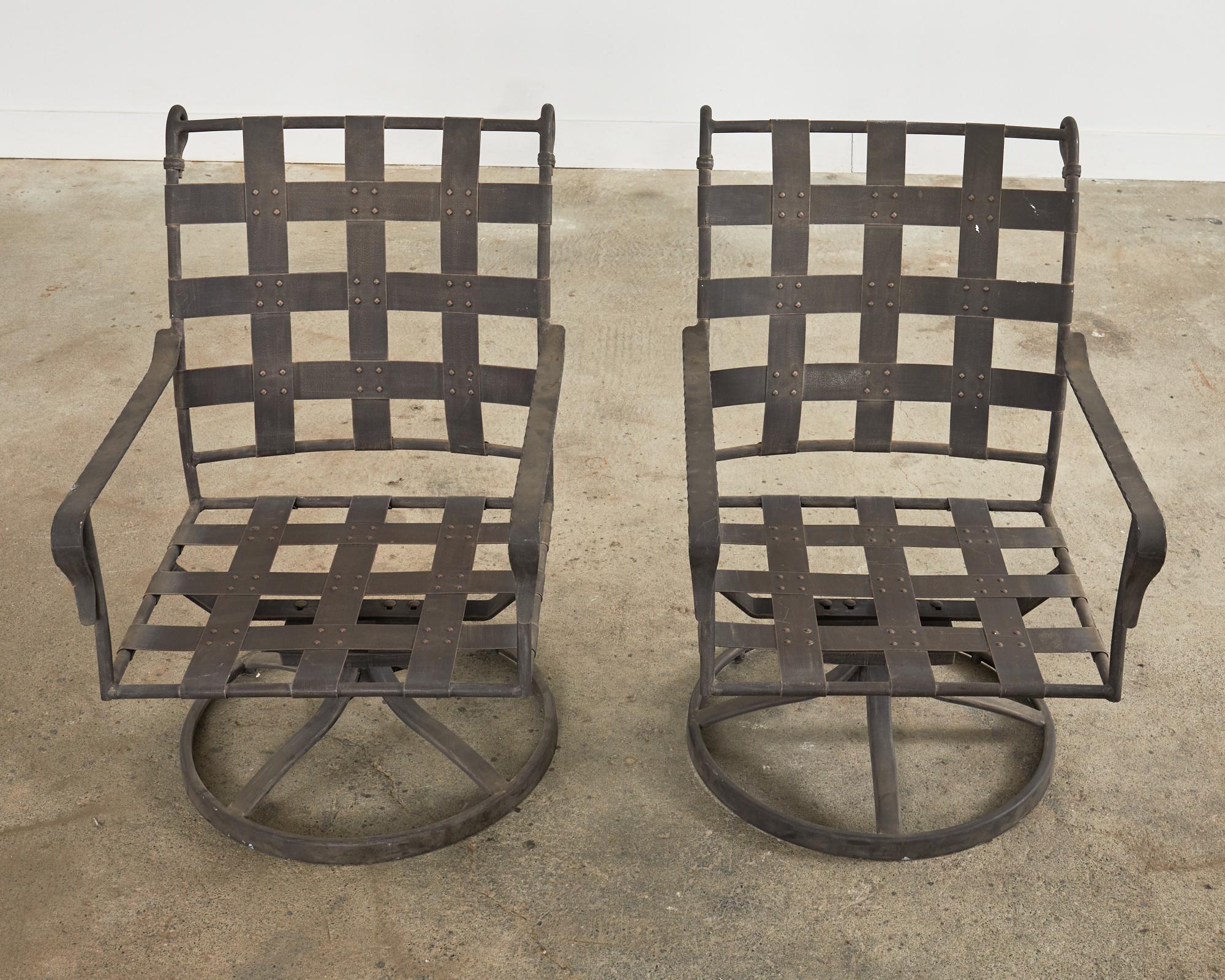 Patinated Set of Twelve Salterini Style Iron Strap Lattice Garden Chairs