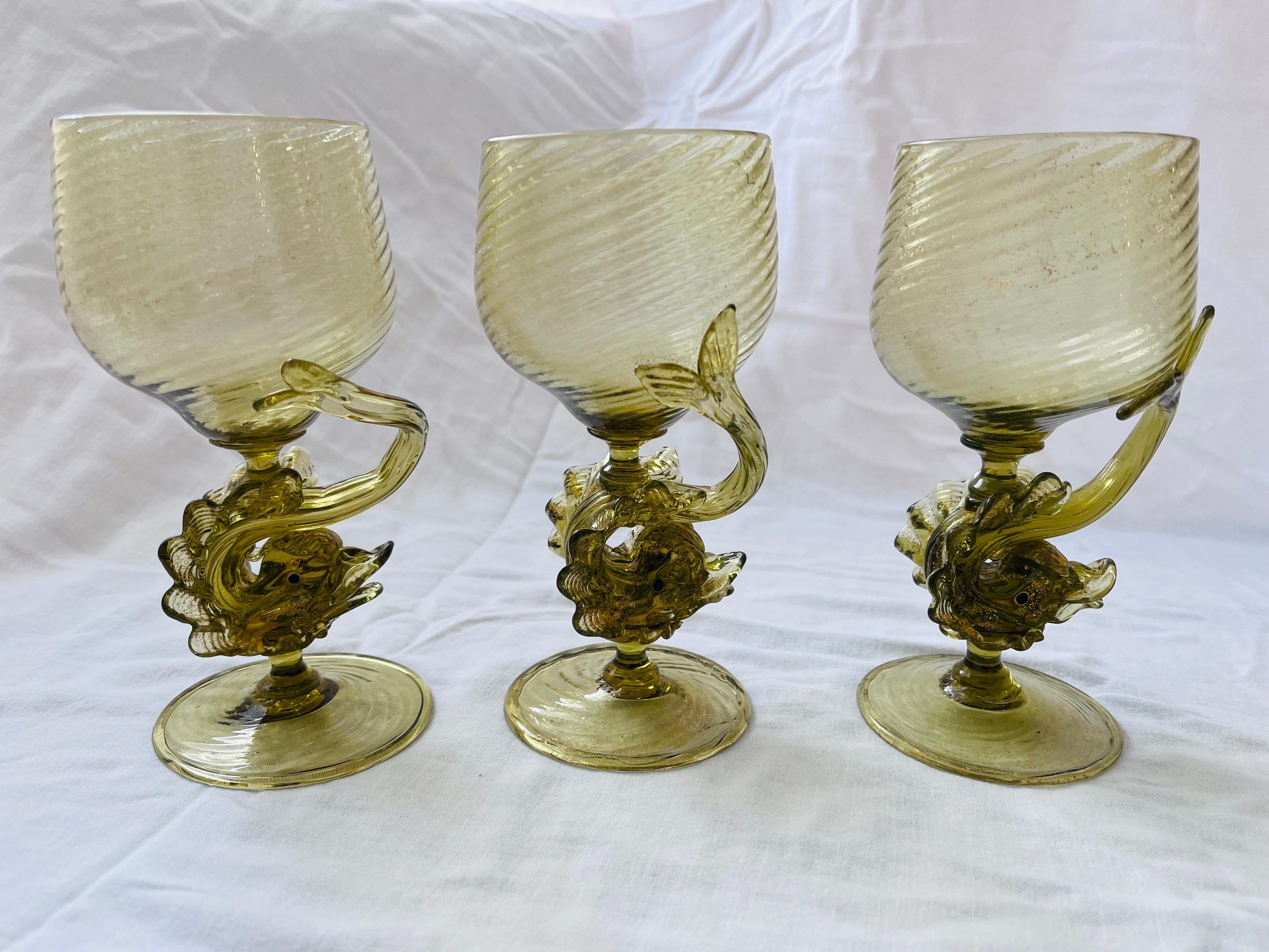 Hand-Crafted Set of Twelve Salviati Style Venetian Murano Glass Dolphin Water or Wine Goblets