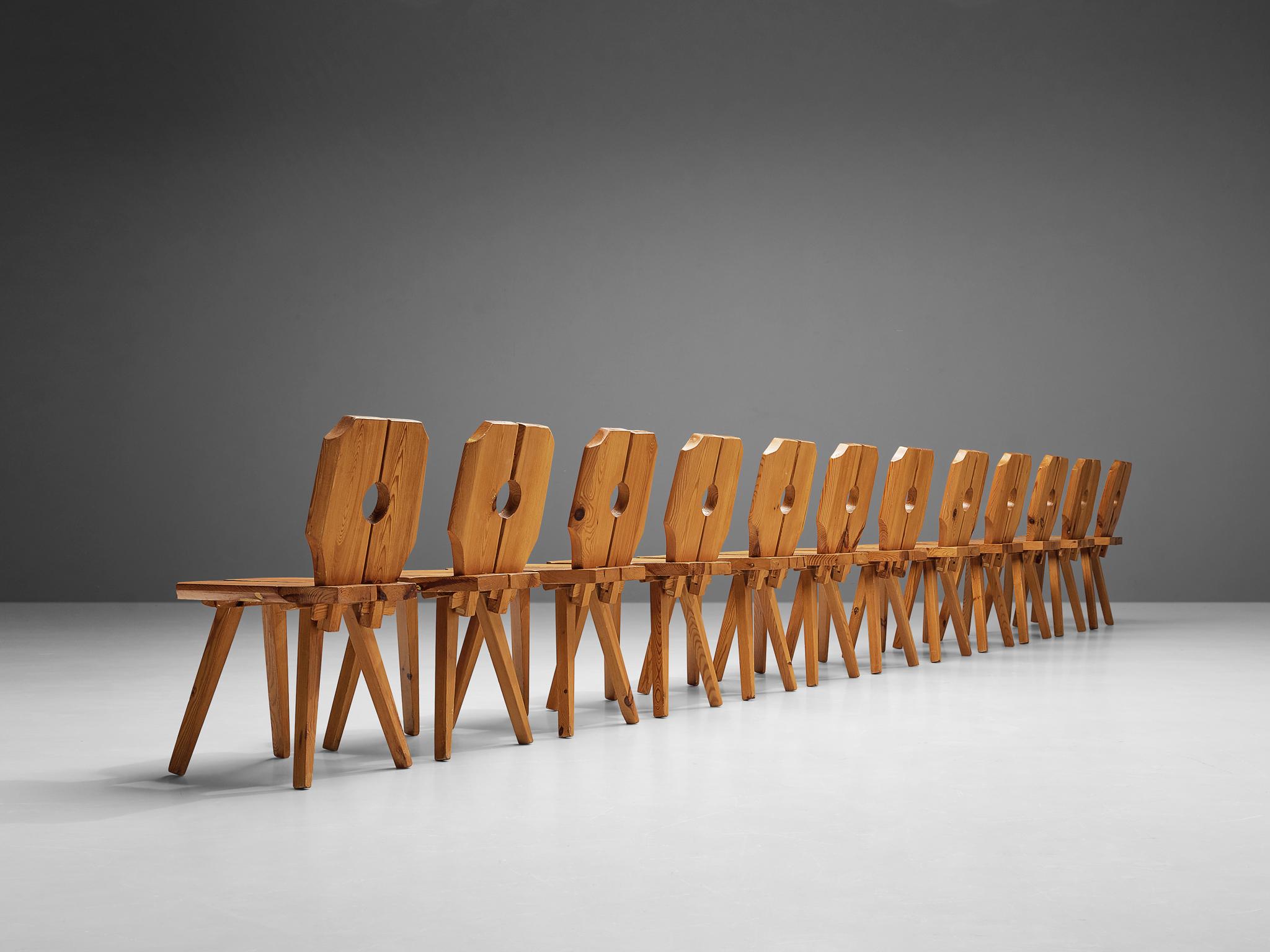 Set of Twelve Sculpted Dining Chairs in Solid Pine  5