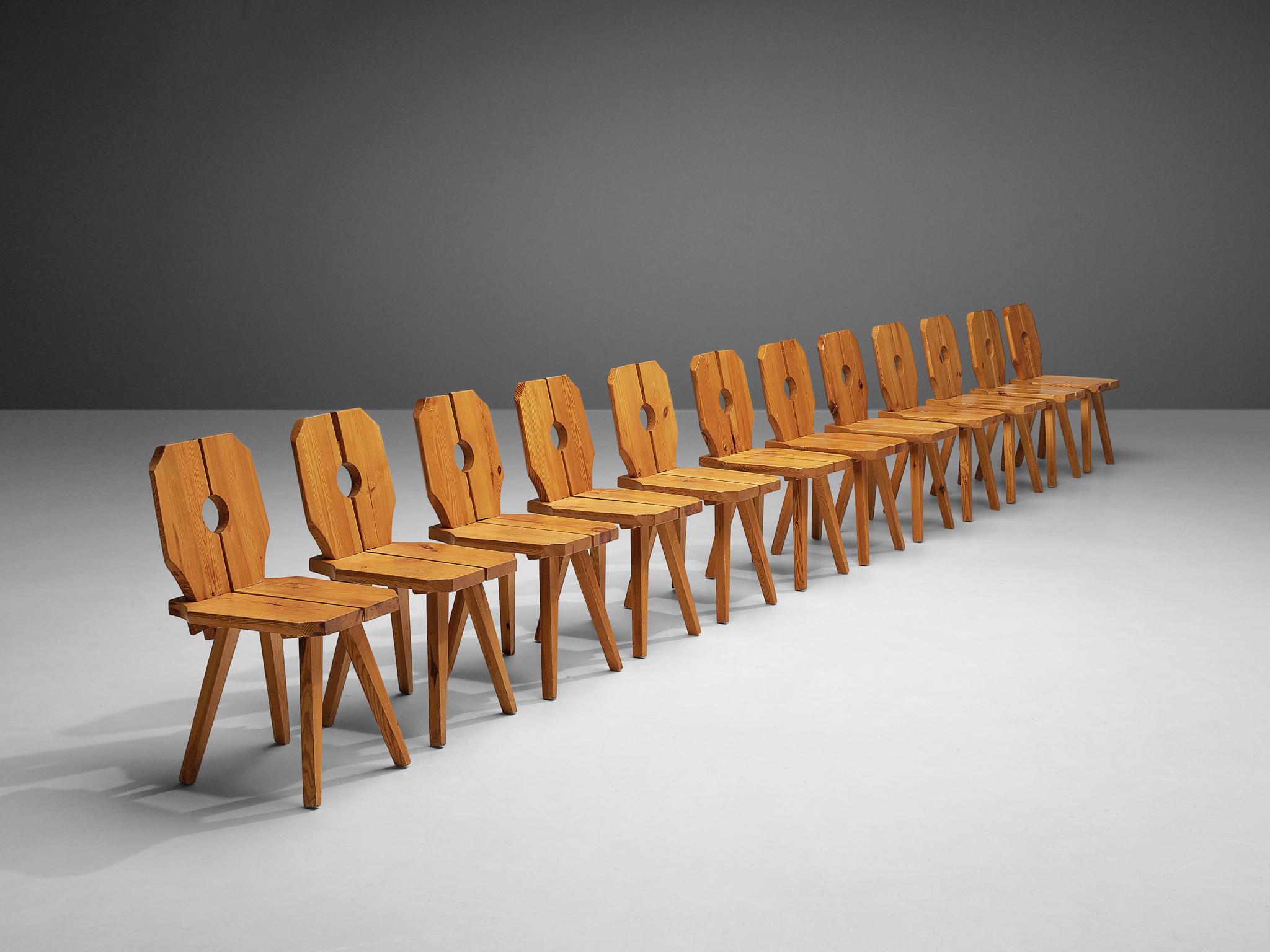 European Set of Twelve Sculpted Dining Chairs in Solid Pine 