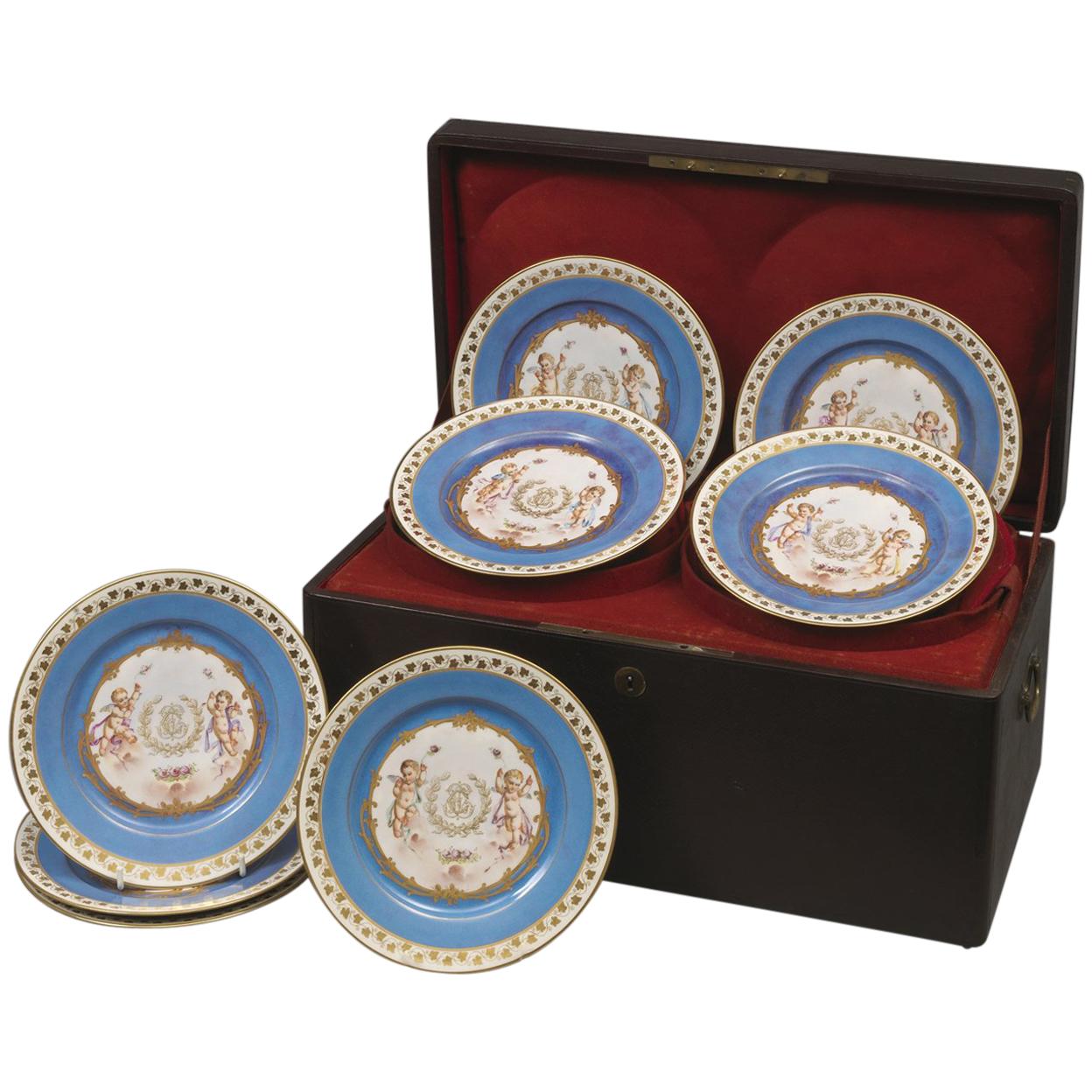 Set of Twelve Sèvres Azure Blue Plates in Their Original Case, circa 1840