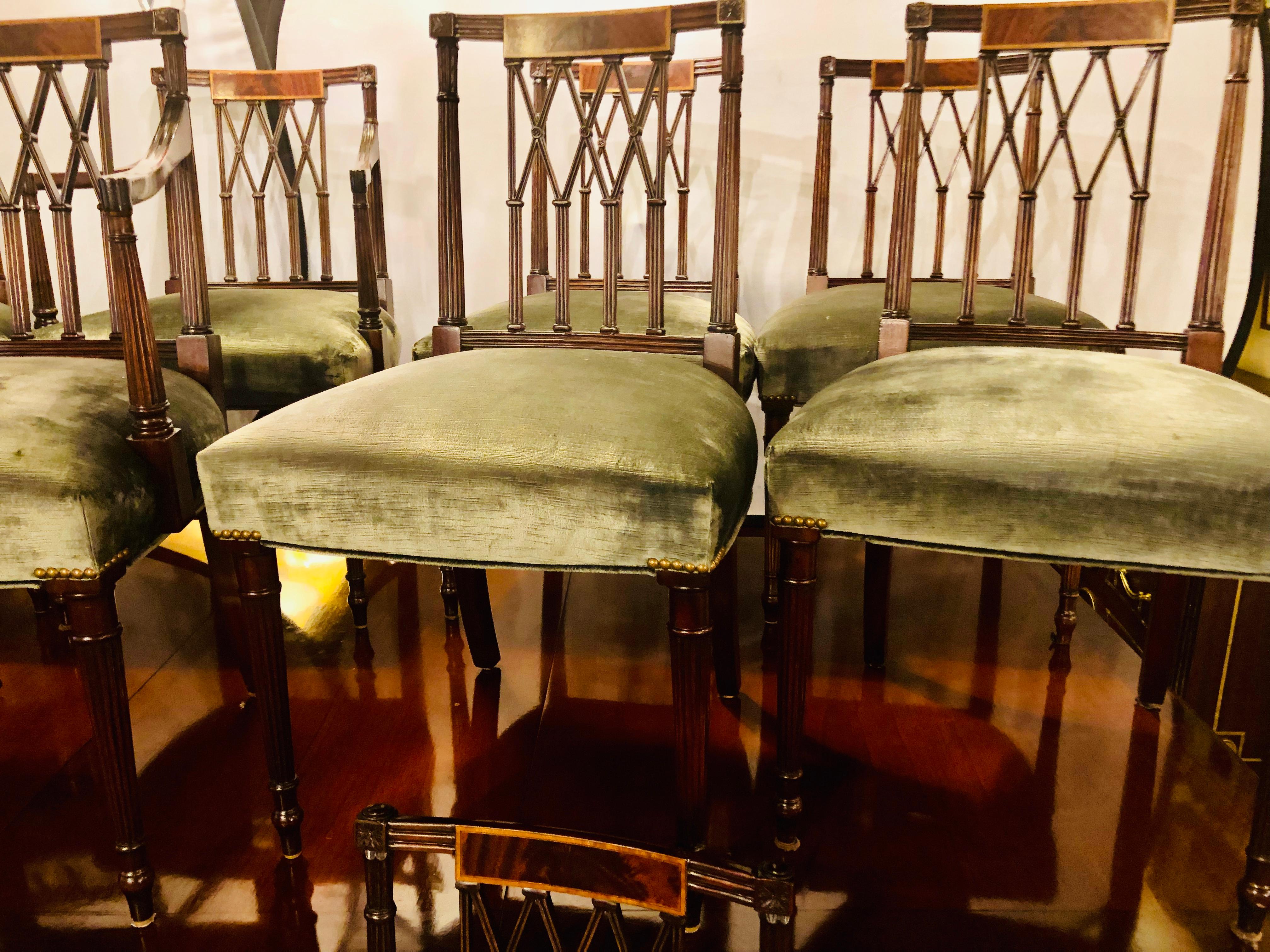 Set of Twelve Sheridan Style Dining Chairs with New Upholstery 1