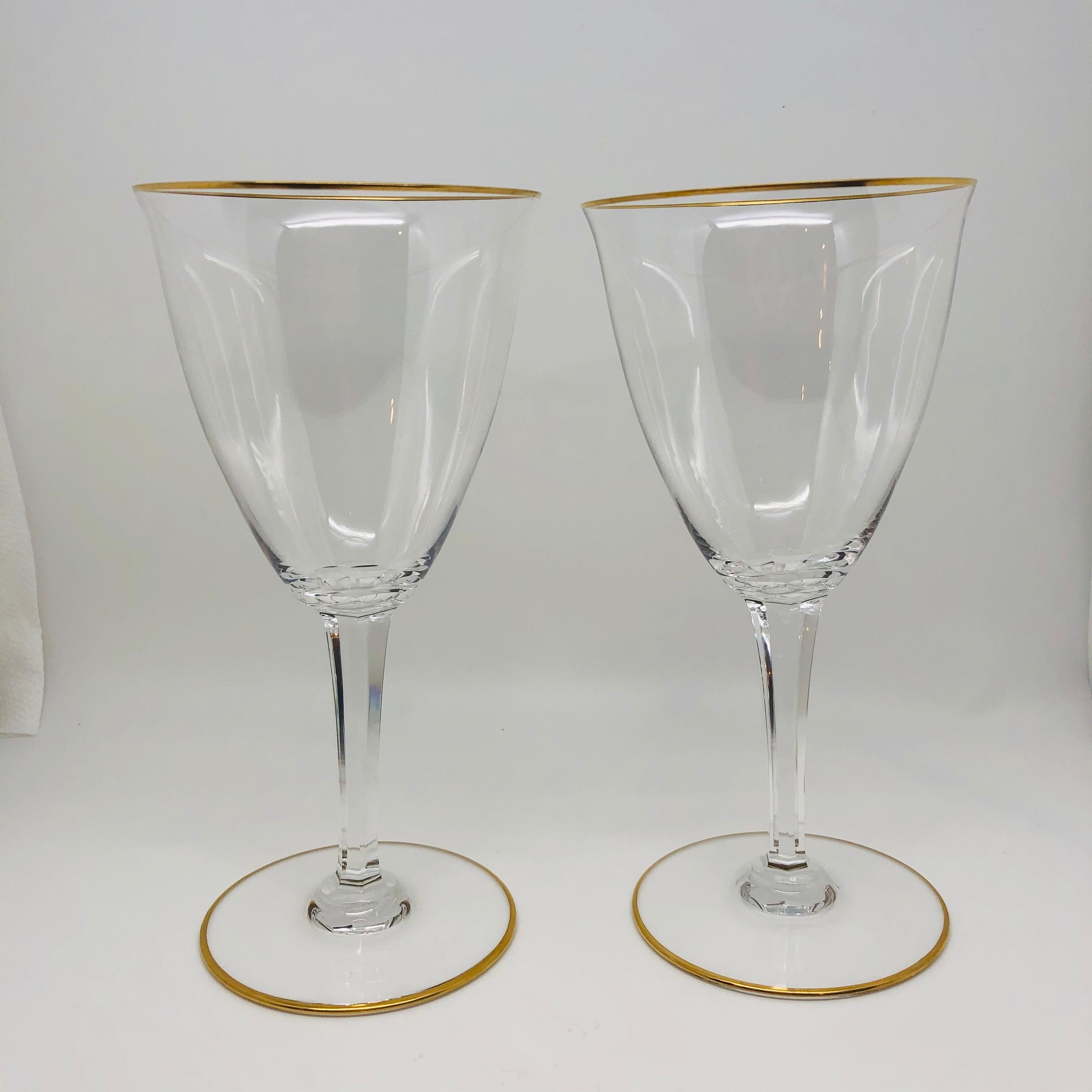 Mid-Century Modern Set of Twelve Signed Baccarat Goblets with Gold Trimmed Tops and Bottoms