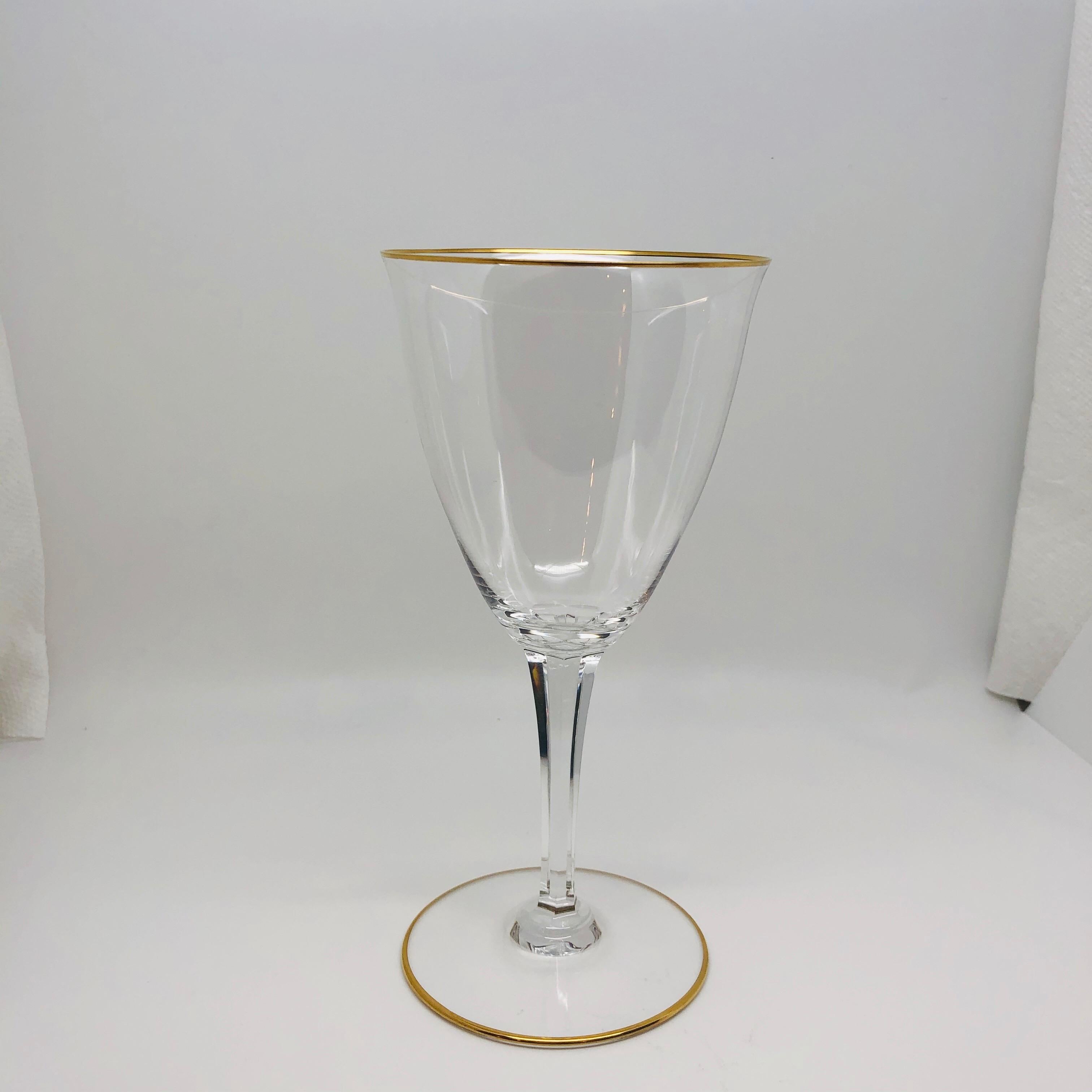 French Set of Twelve Signed Baccarat Goblets with Gold Trimmed Tops and Bottoms