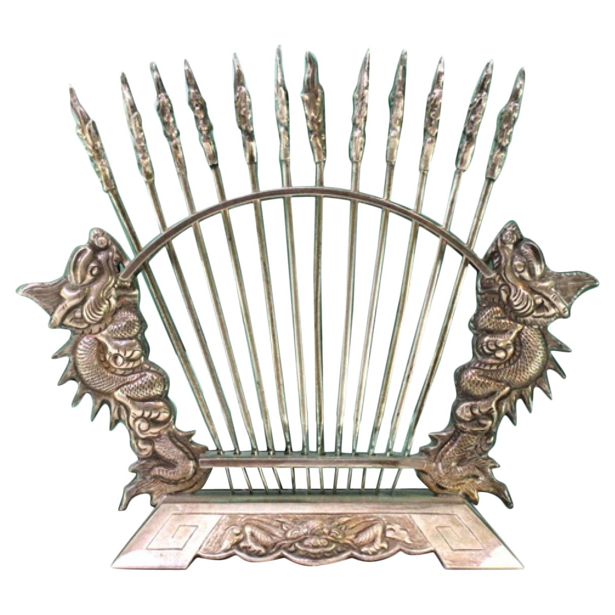 Set of twelve silver appetizer forks on a display stand with two dragons For Sale