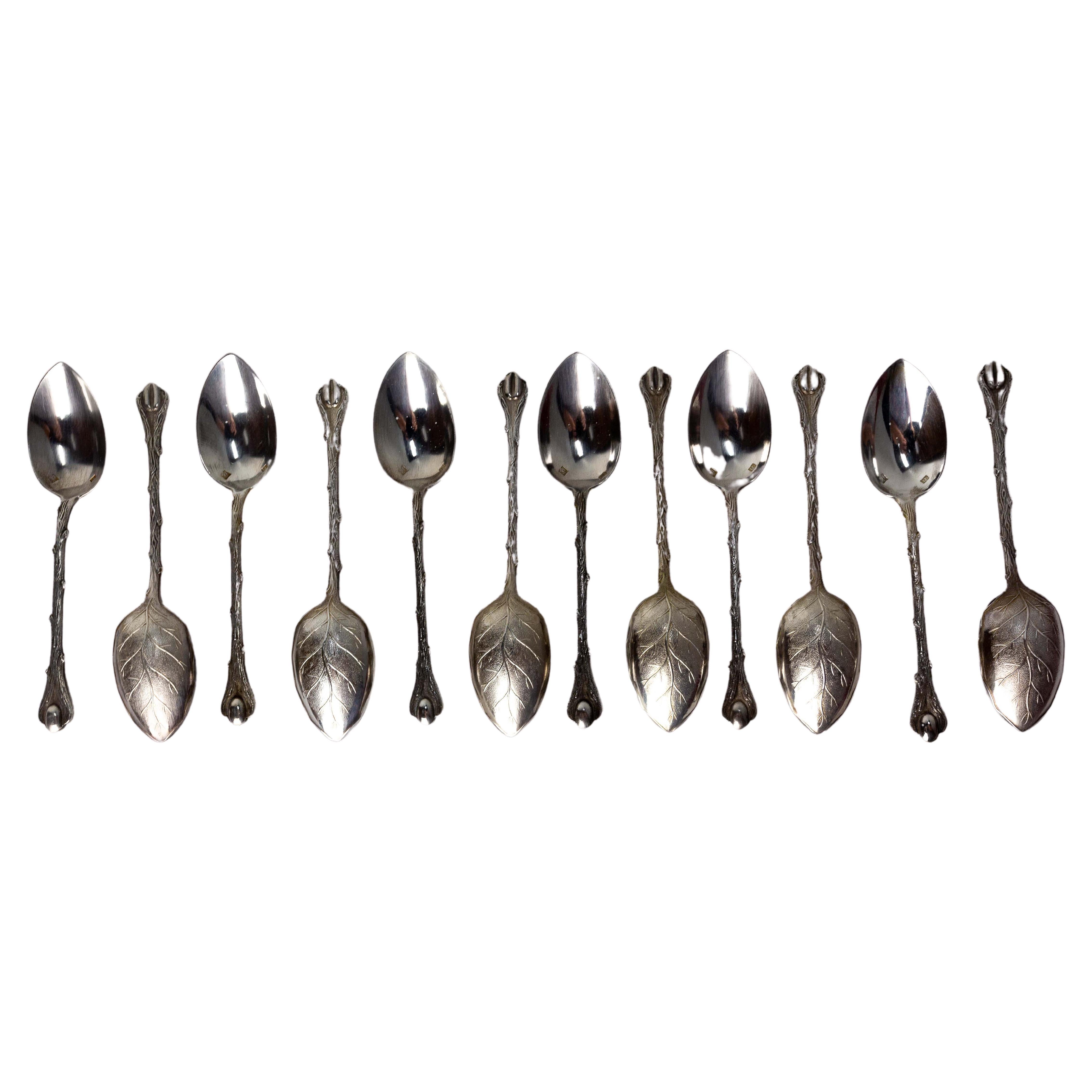 Set of Twelve Silver Metal Coffee Spoons Tree-Leaf-Shaped, France, Mid-Century