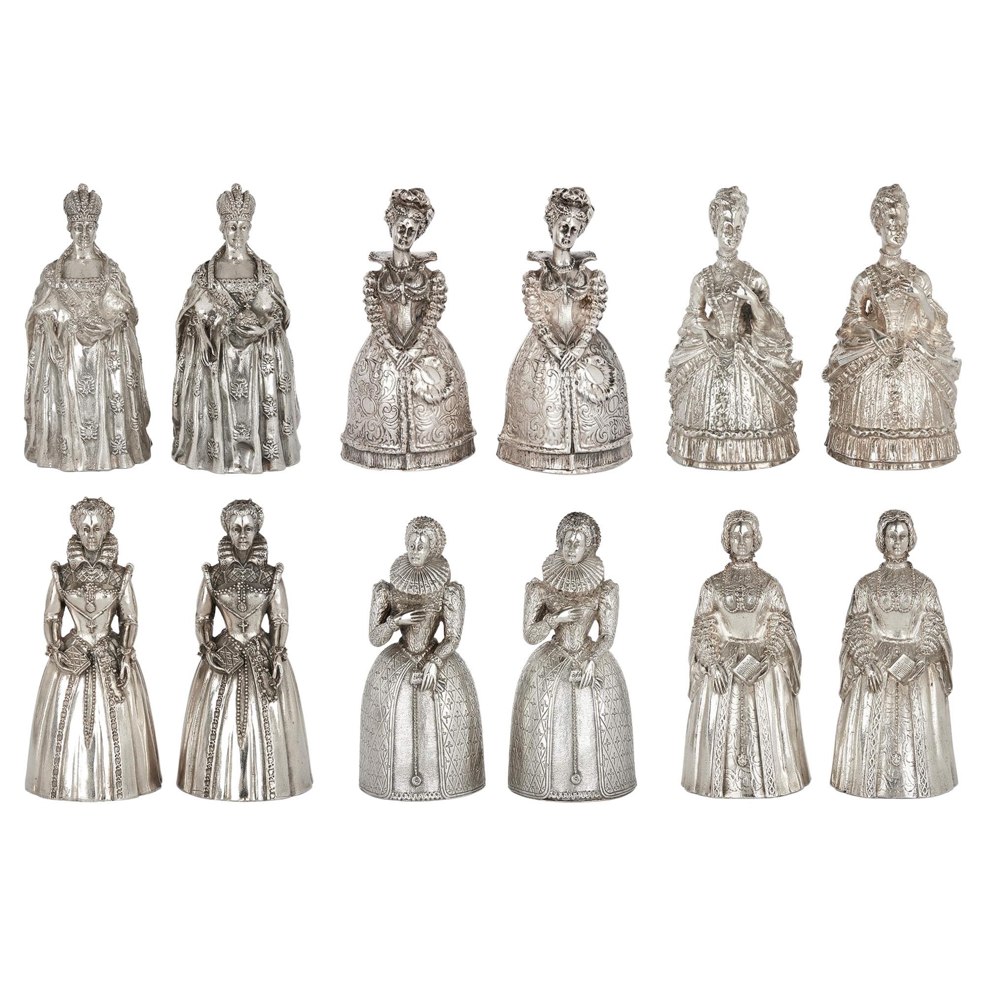 Set of twelve silver-plated bronze Queen hand bells by Gorham For Sale