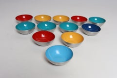 Set of Twelve Small Danish Modern Enamel and Brushed Aluminum Snack Bowls
