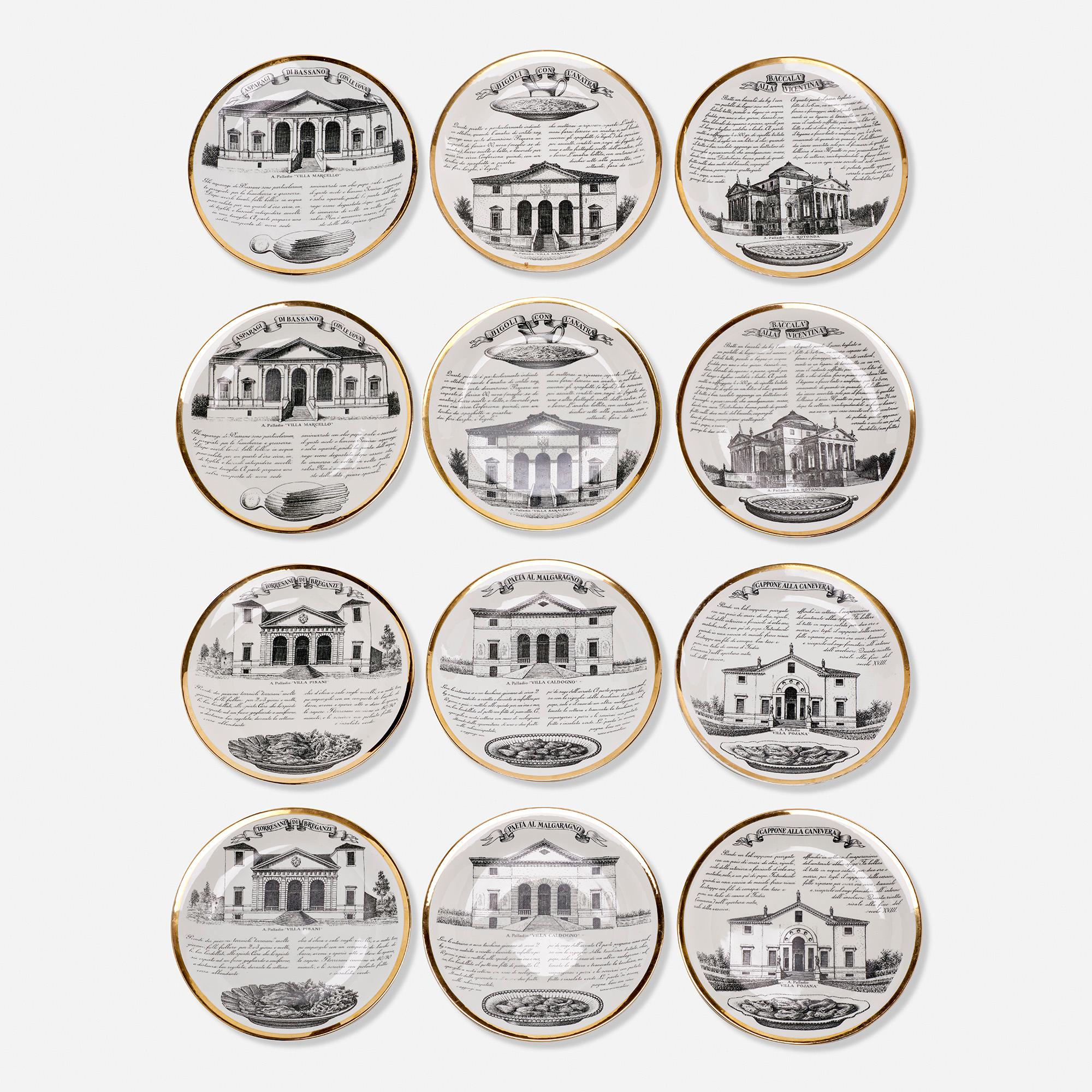 Made by: Fornasetti Milano, Italy, c. 1970

Material: transfer-printed and gilt porcelain

Size: 9.5 diameter in

Description: Stamped manufacturer's mark to verso of each example ‘Specialità Vicentine Fornasetti Milano Made in Italy’ and