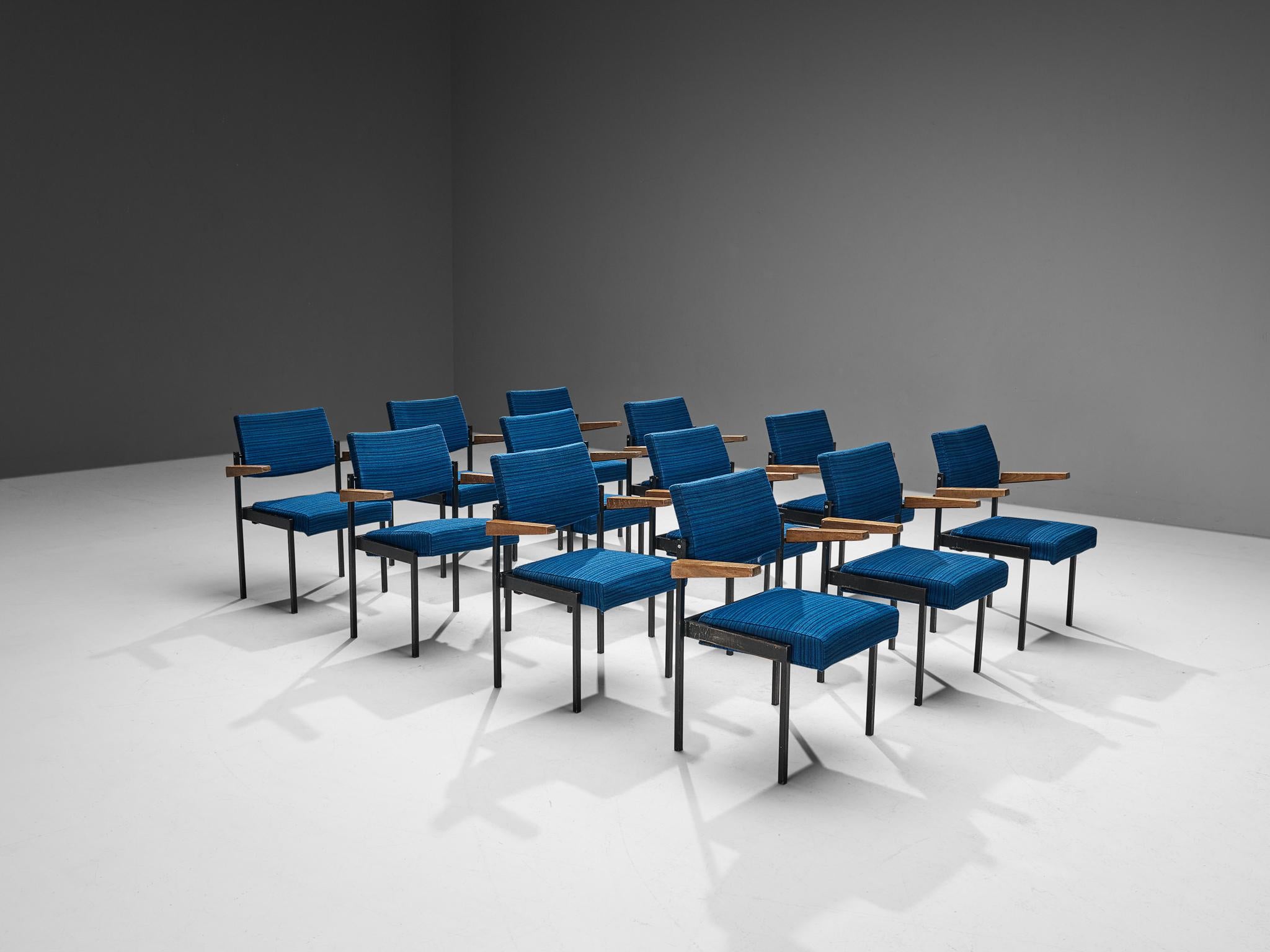 Set of Twelve Stackable Armchairs in Blue Upholstery and Black Metal Frame For Sale 3