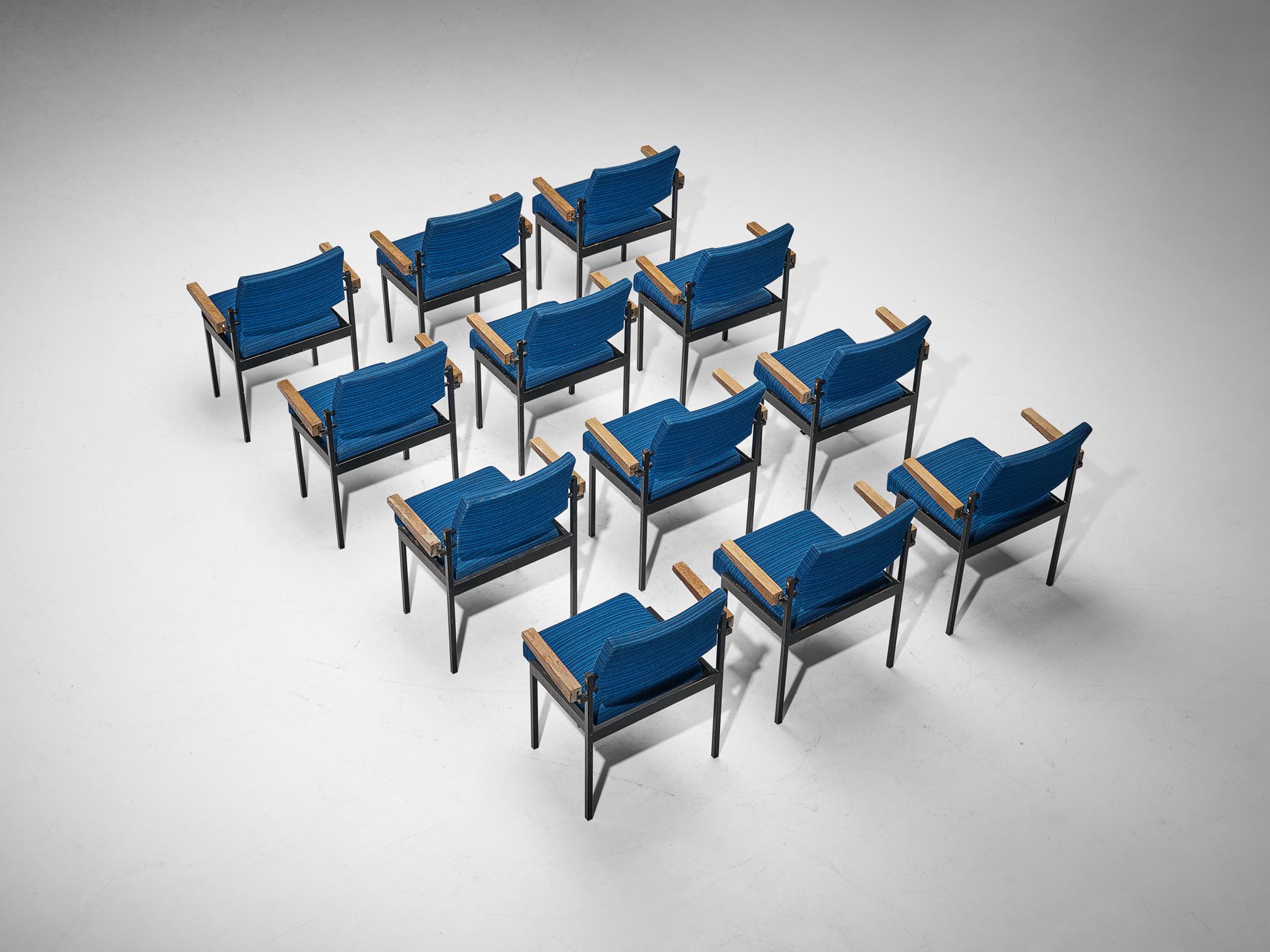 Set of Twelve Stackable Armchairs in Blue Upholstery and Black Metal Frame In Good Condition For Sale In Waalwijk, NL