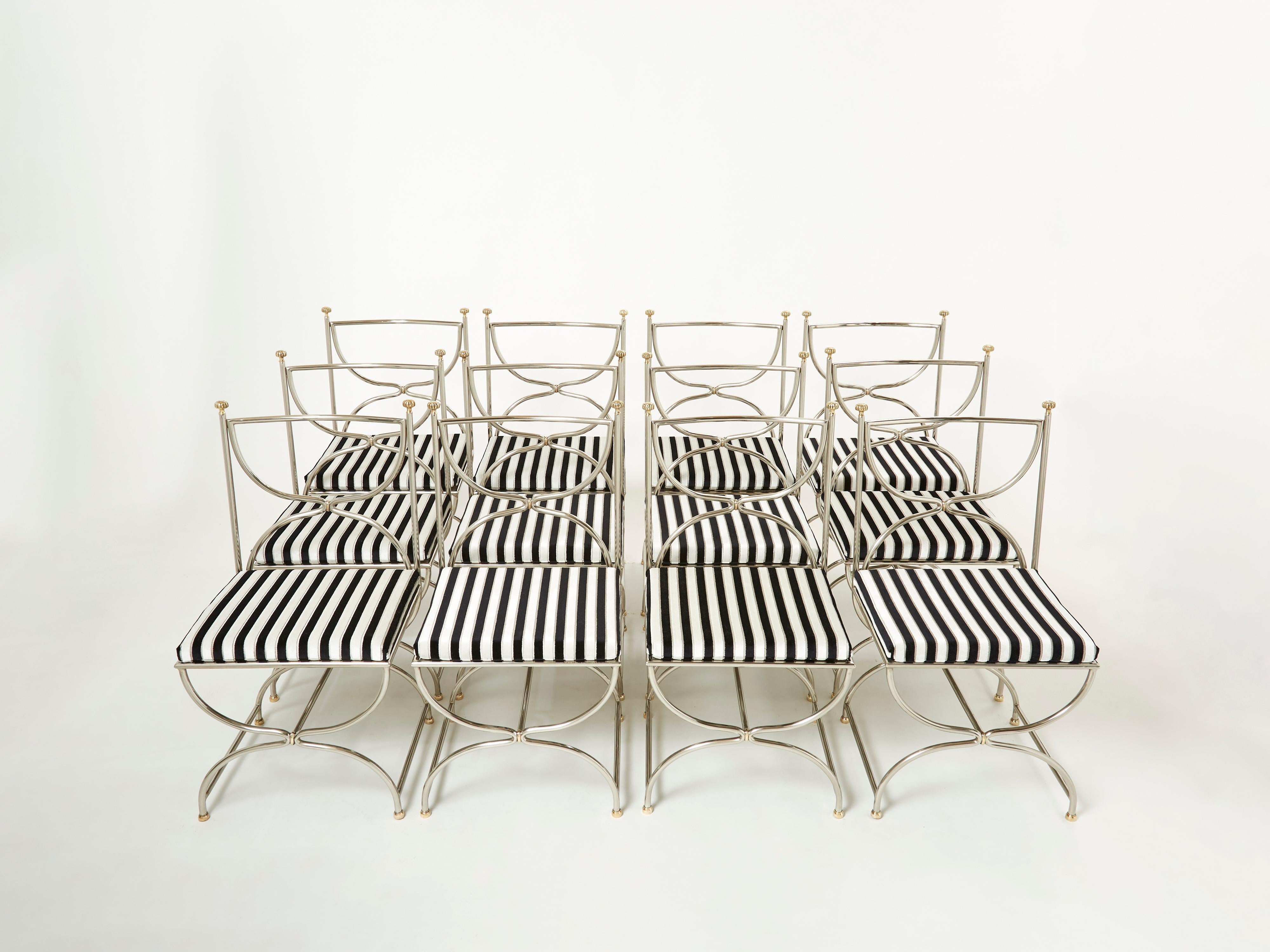 Set of Twelve Steel Brass Velvet Curule Chairs by Maison Jansen, 1960s For Sale 5