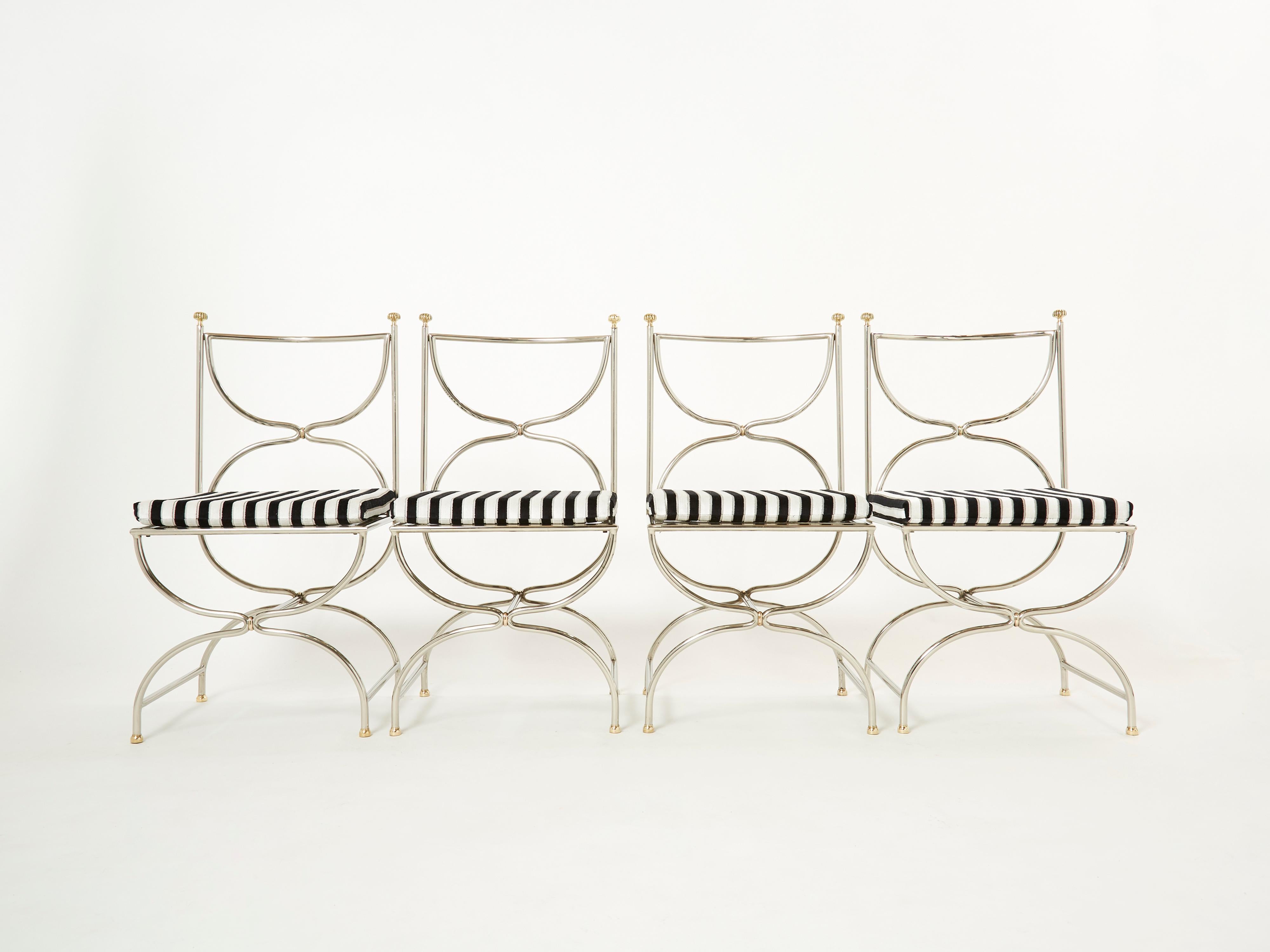 Set of Twelve Steel Brass Velvet Curule Chairs by Maison Jansen, 1960s For Sale 6