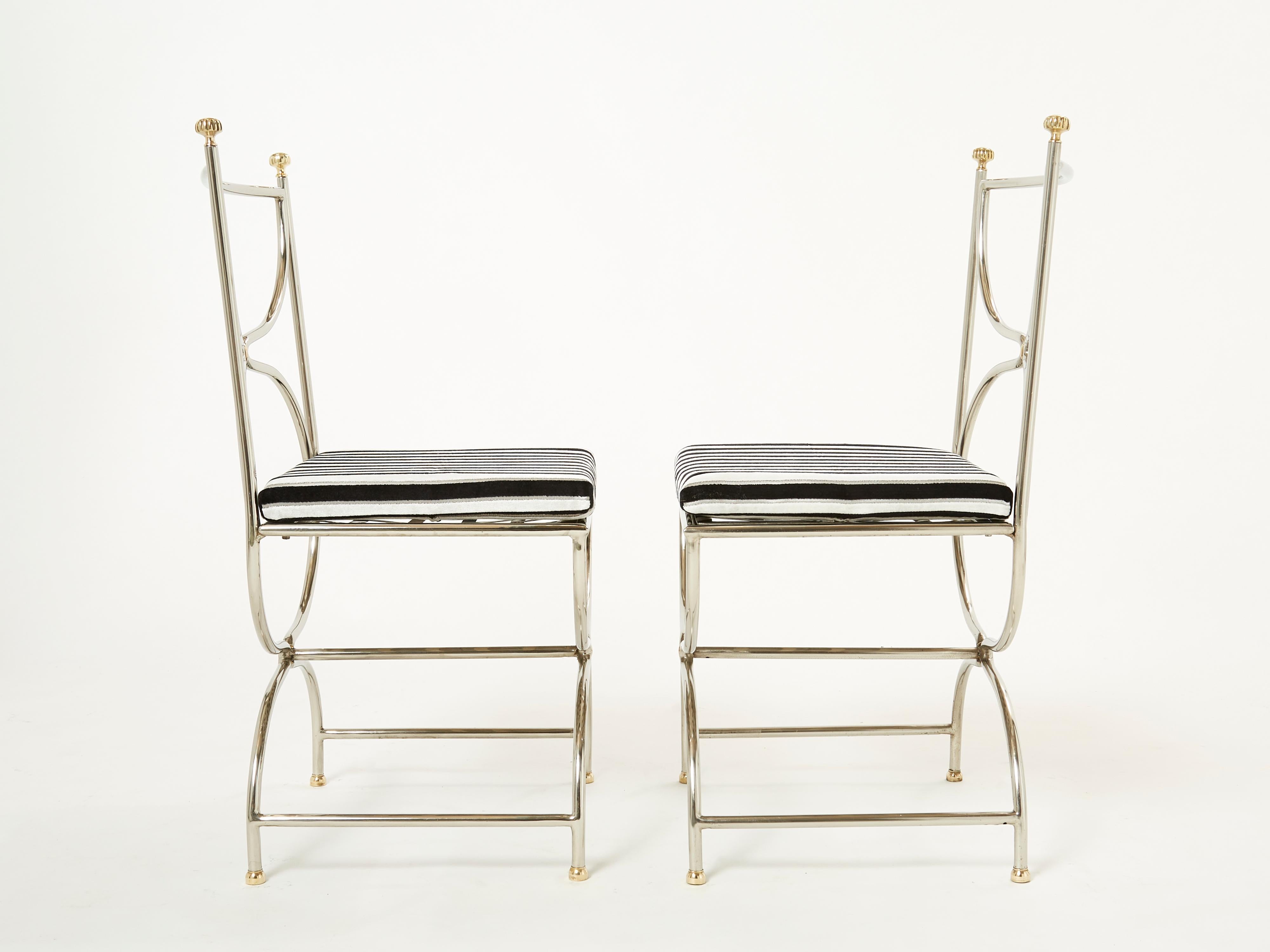 Set of Twelve Steel Brass Velvet Curule Chairs by Maison Jansen, 1960s For Sale 7