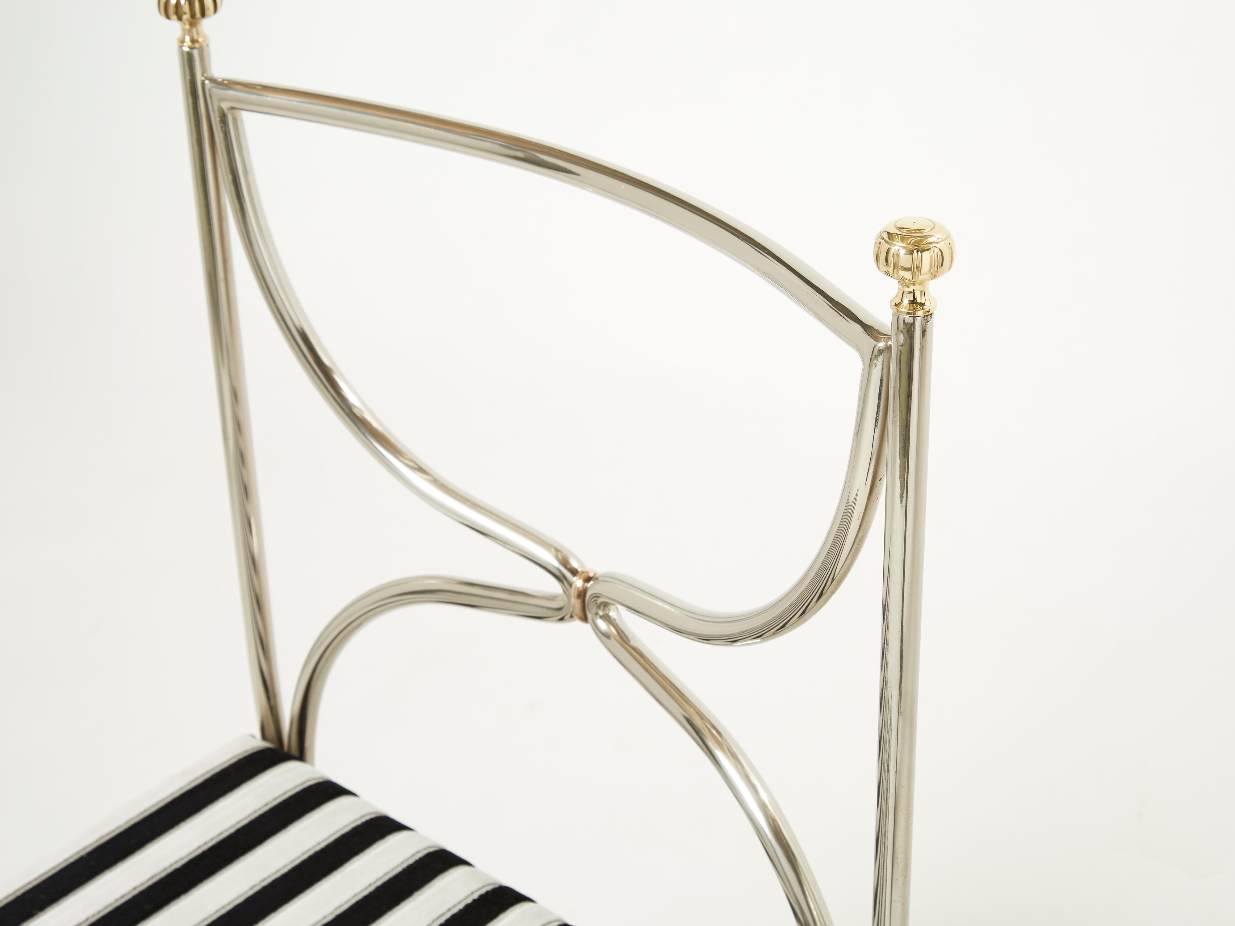 Set of Twelve Steel Brass Velvet Curule Chairs by Maison Jansen, 1960s For Sale 8