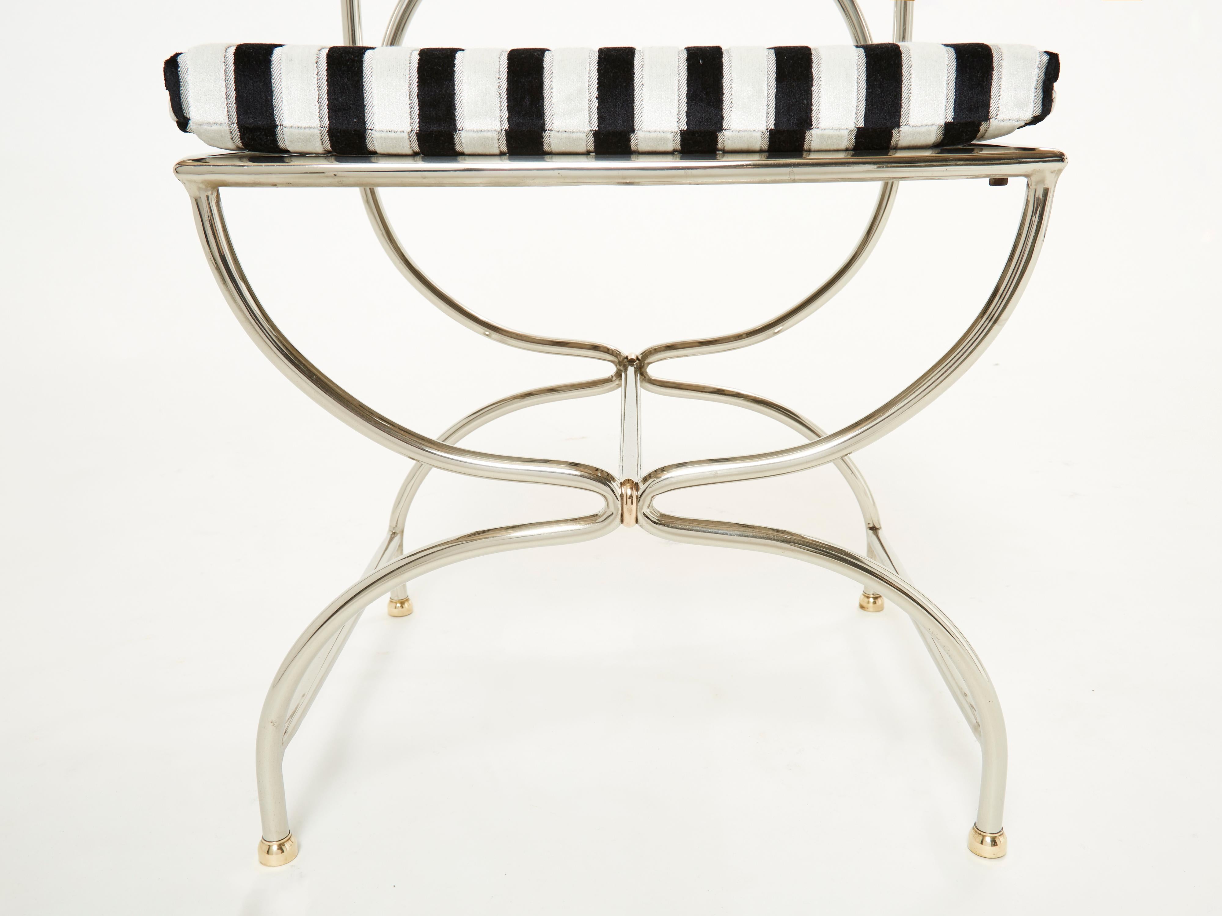 Set of Twelve Steel Brass Velvet Curule Chairs by Maison Jansen, 1960s For Sale 9