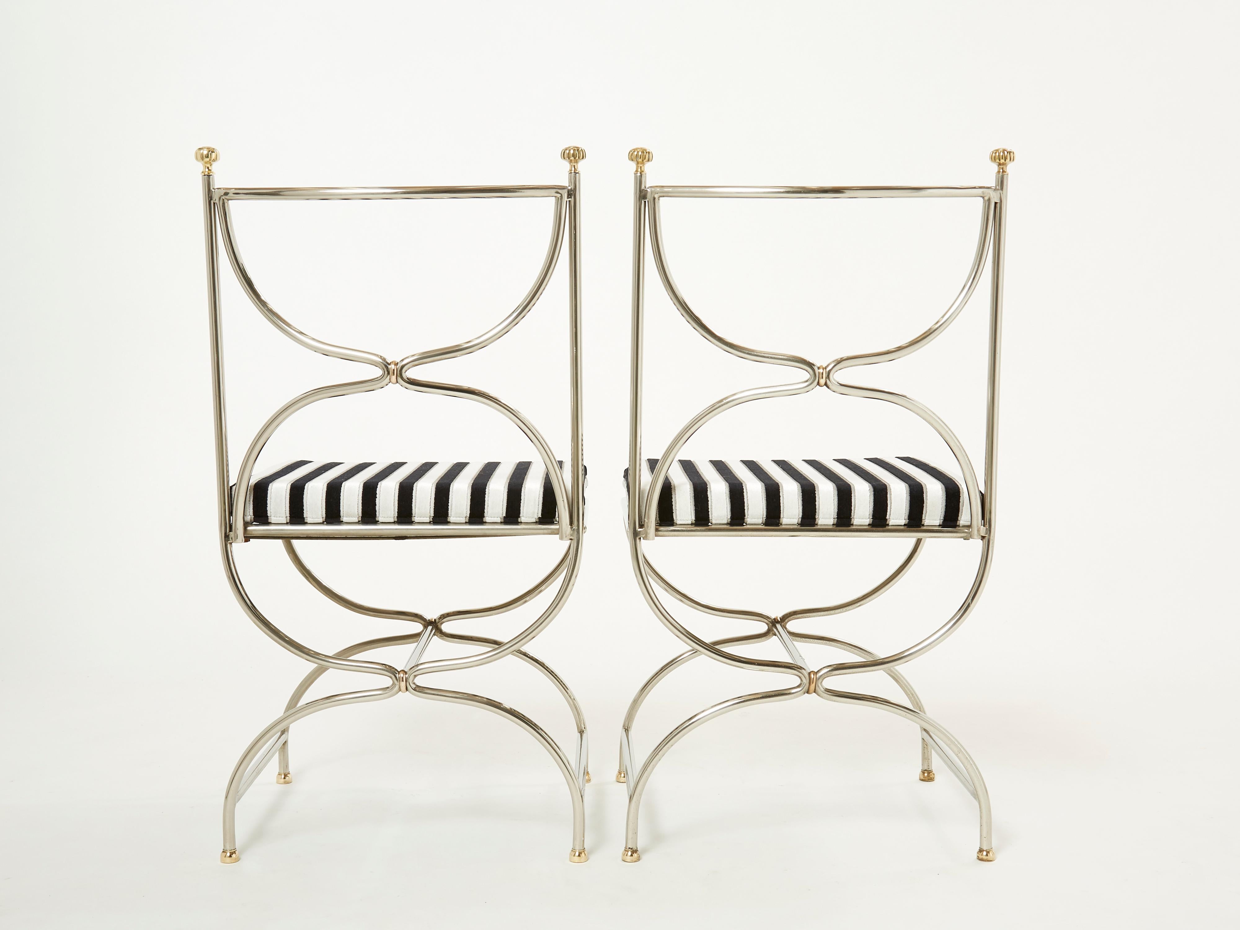 Set of Twelve Steel Brass Velvet Curule Chairs by Maison Jansen, 1960s For Sale 10
