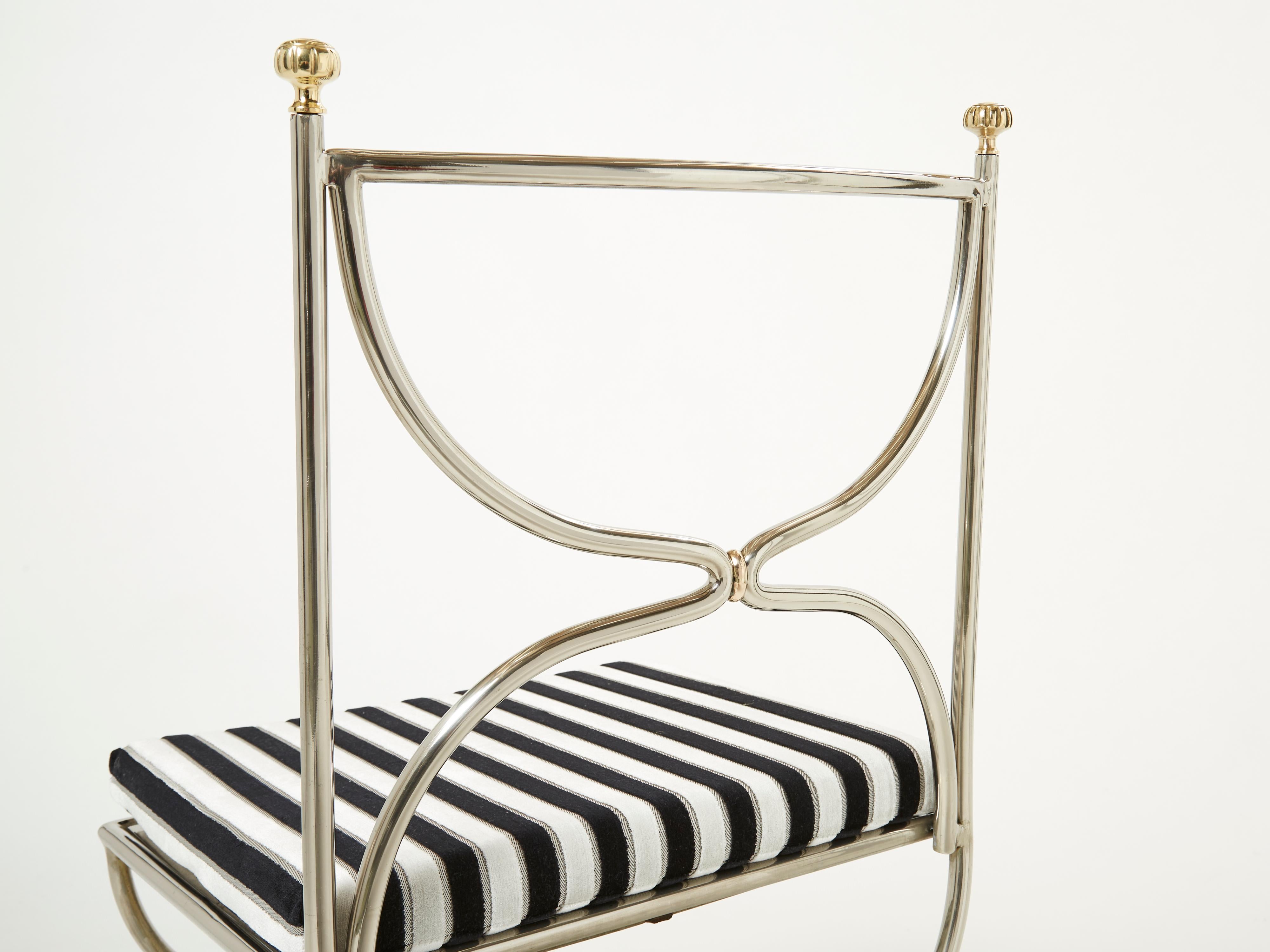 Set of Twelve Steel Brass Velvet Curule Chairs by Maison Jansen, 1960s For Sale 3
