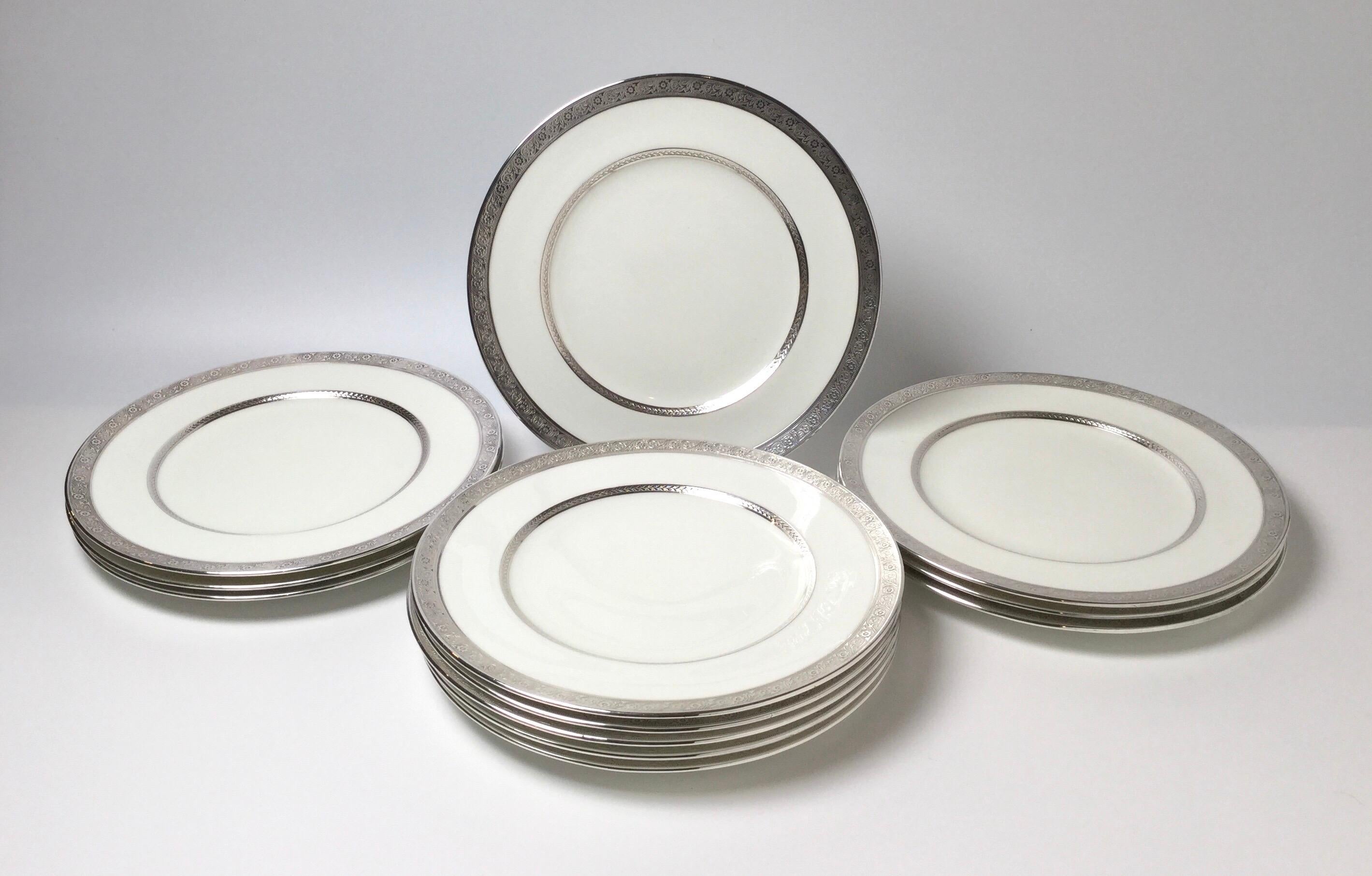 Porcelain Set of Twelve Sterling Overlay Service Dinner Plates by Cauldon