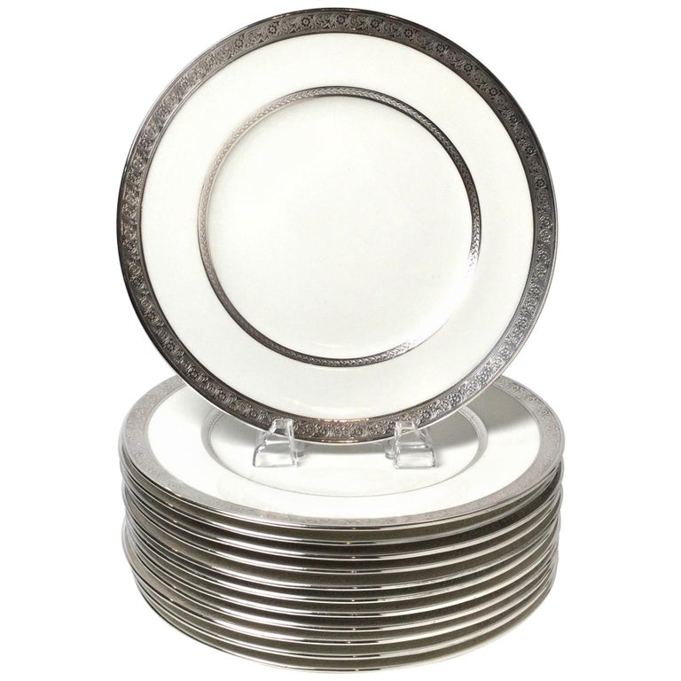 Set of Twelve Sterling Overlay Service Dinner Plates by Cauldon For