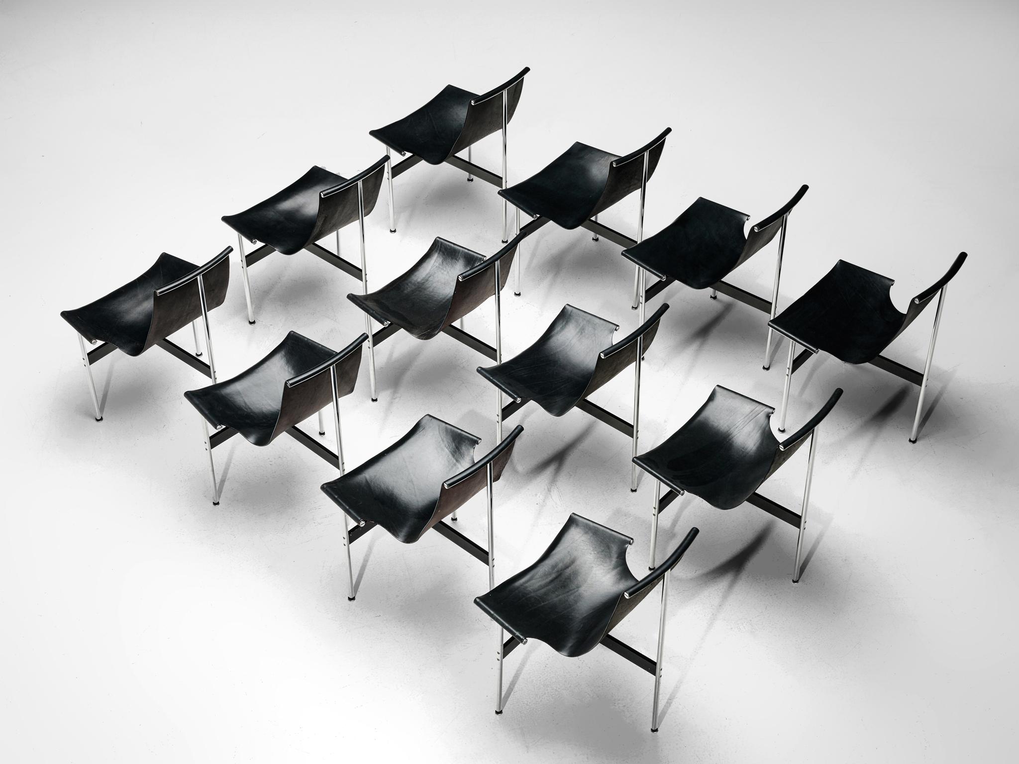 Katavolos, Kelley and Littell, set of 12 T-chairs, chrome-plated steel, enameled steel and leather, United States, 1952.

This set designed by Katavolos, Kelley and Littell of elegant and playful three-legged chairs seems almost too delicate to