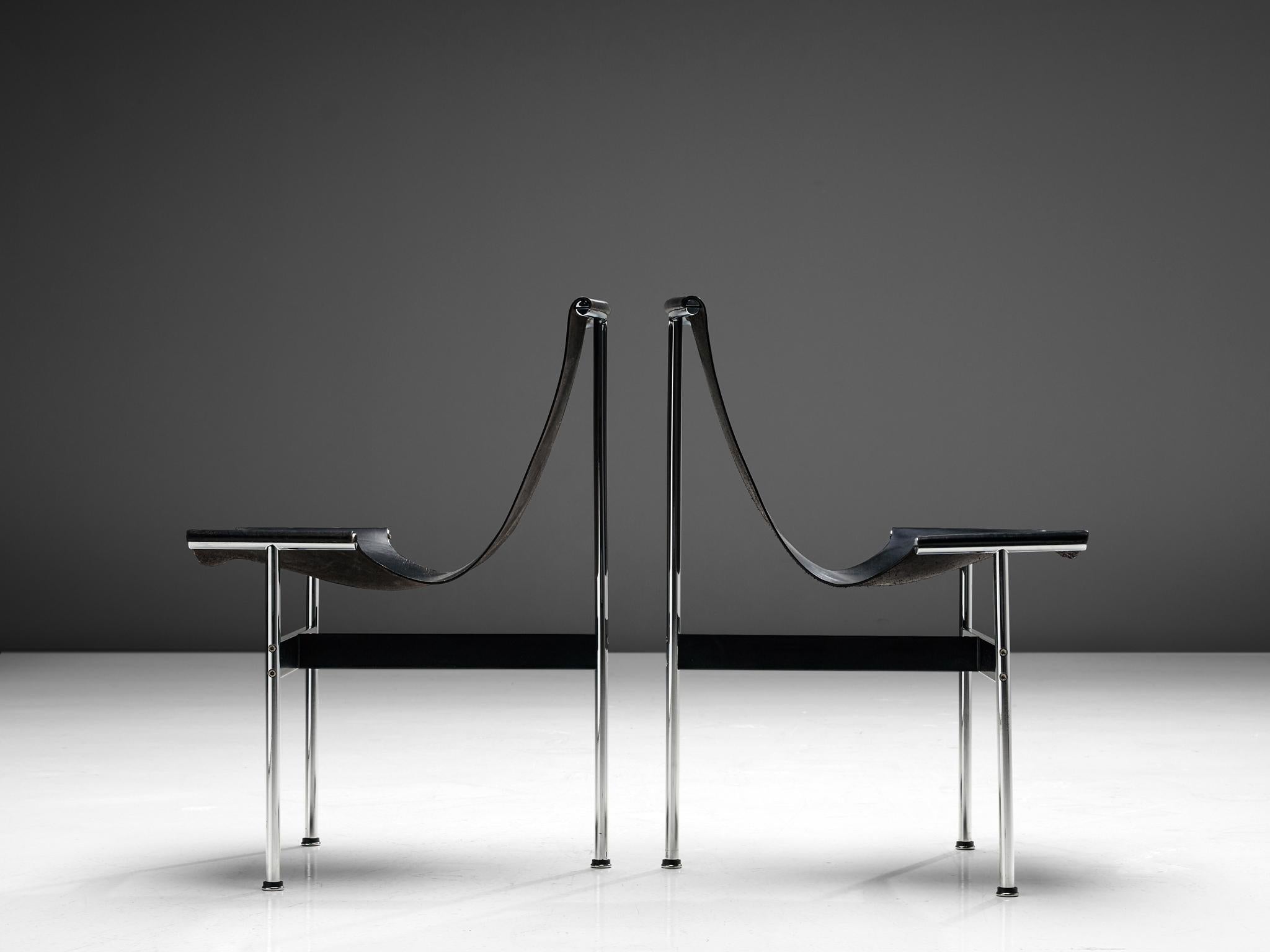 Steel Set of Twelve T-Chairs in Black Leather by Katavolos, Kelly and Littell