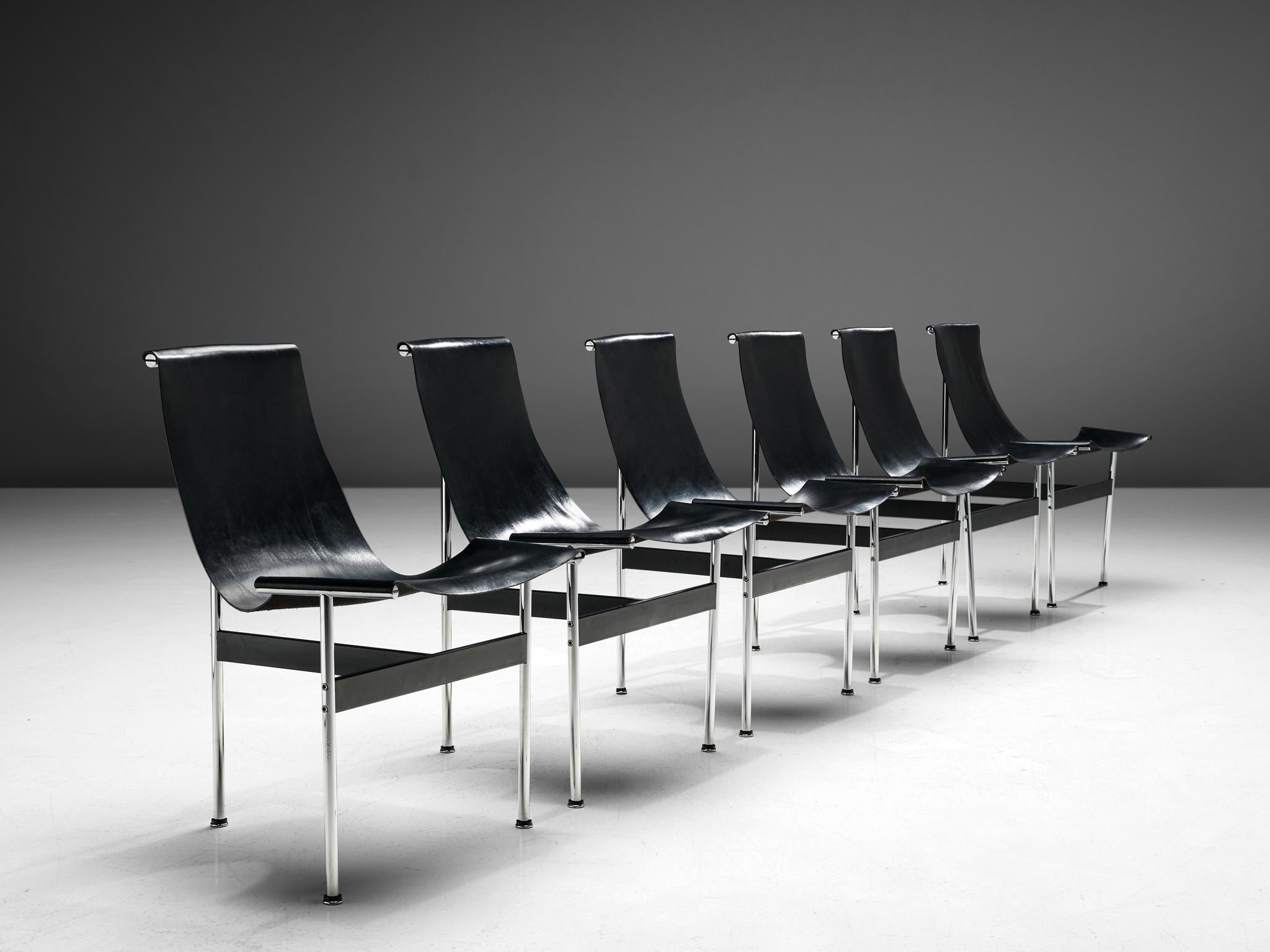 Steel Set of Twelve T-Chairs in Black Leather by Katavolos, Kelly and Littell