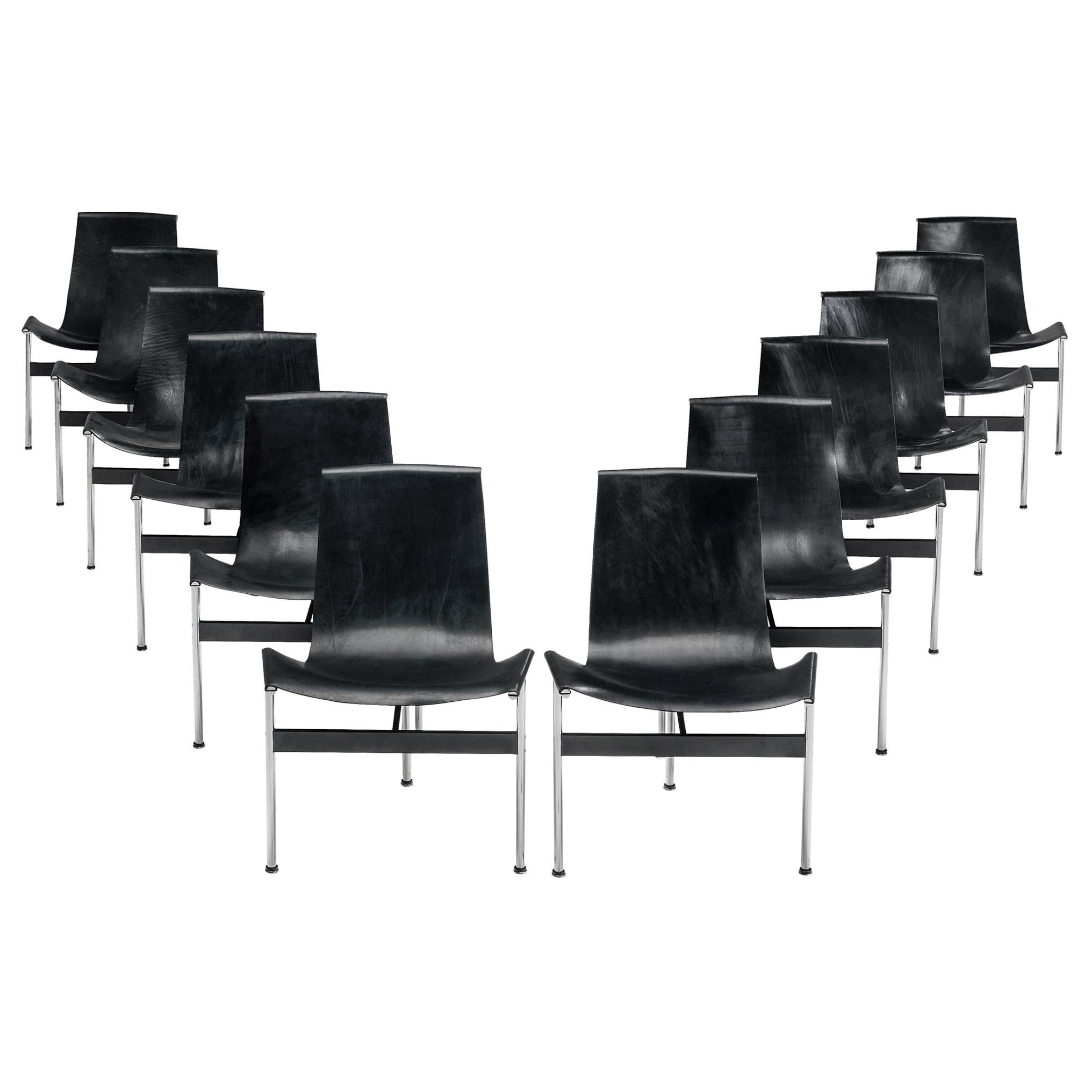 Set of Twelve T-Chairs in Black Leather by Katavolos, Kelly and Littell