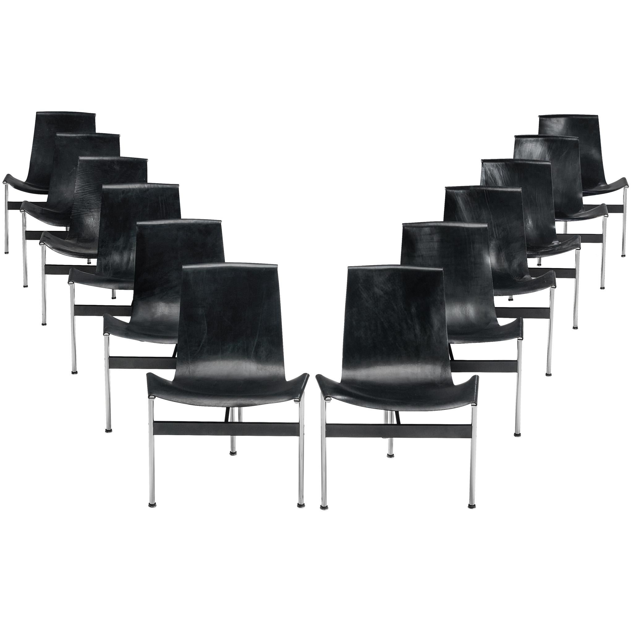 Set of Twelve T-Chairs in Black Leather by Katavolos, Kelly and Littell