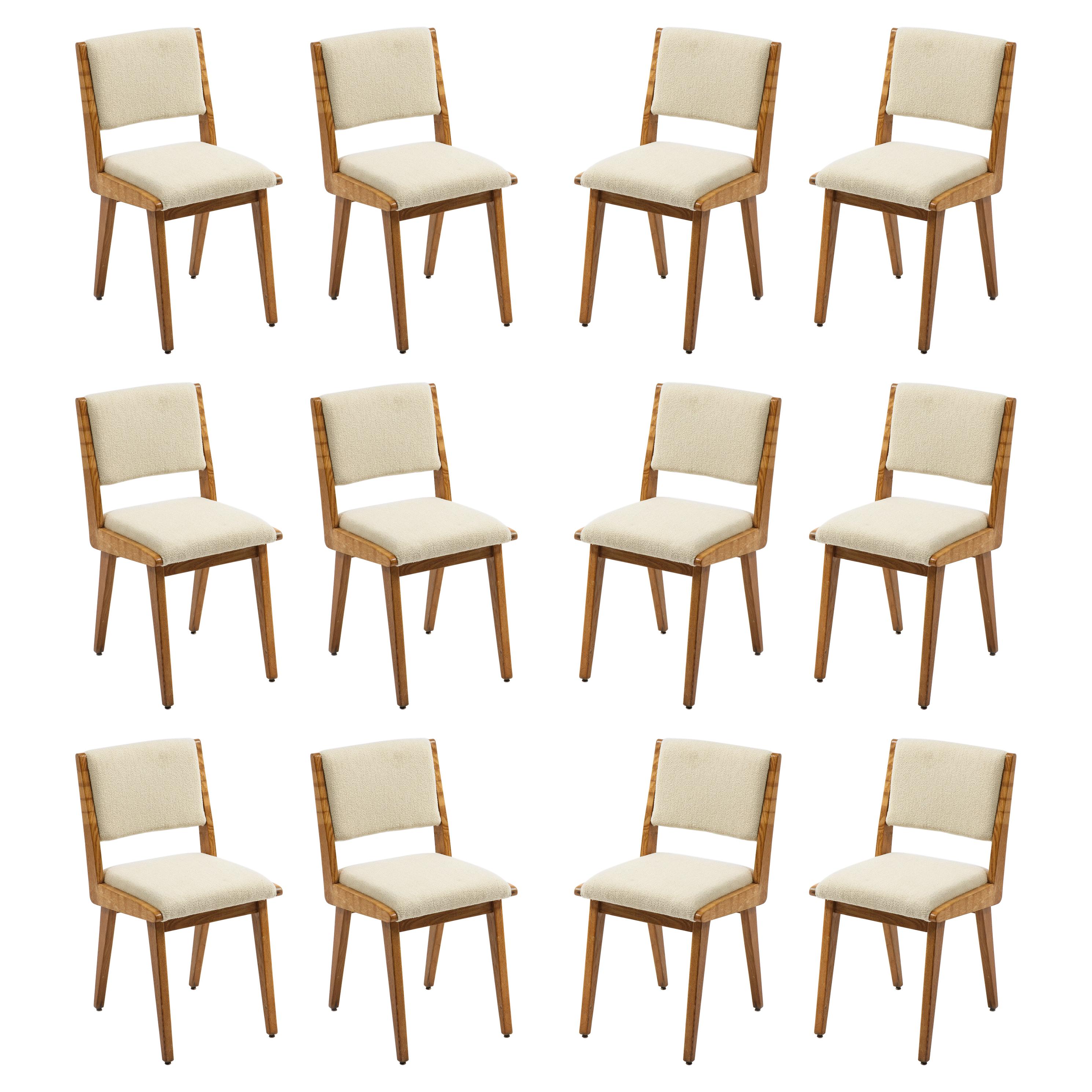 Jens Risom Set of 12 Upholstered Oak Dining Side Chairs, USA 1960's