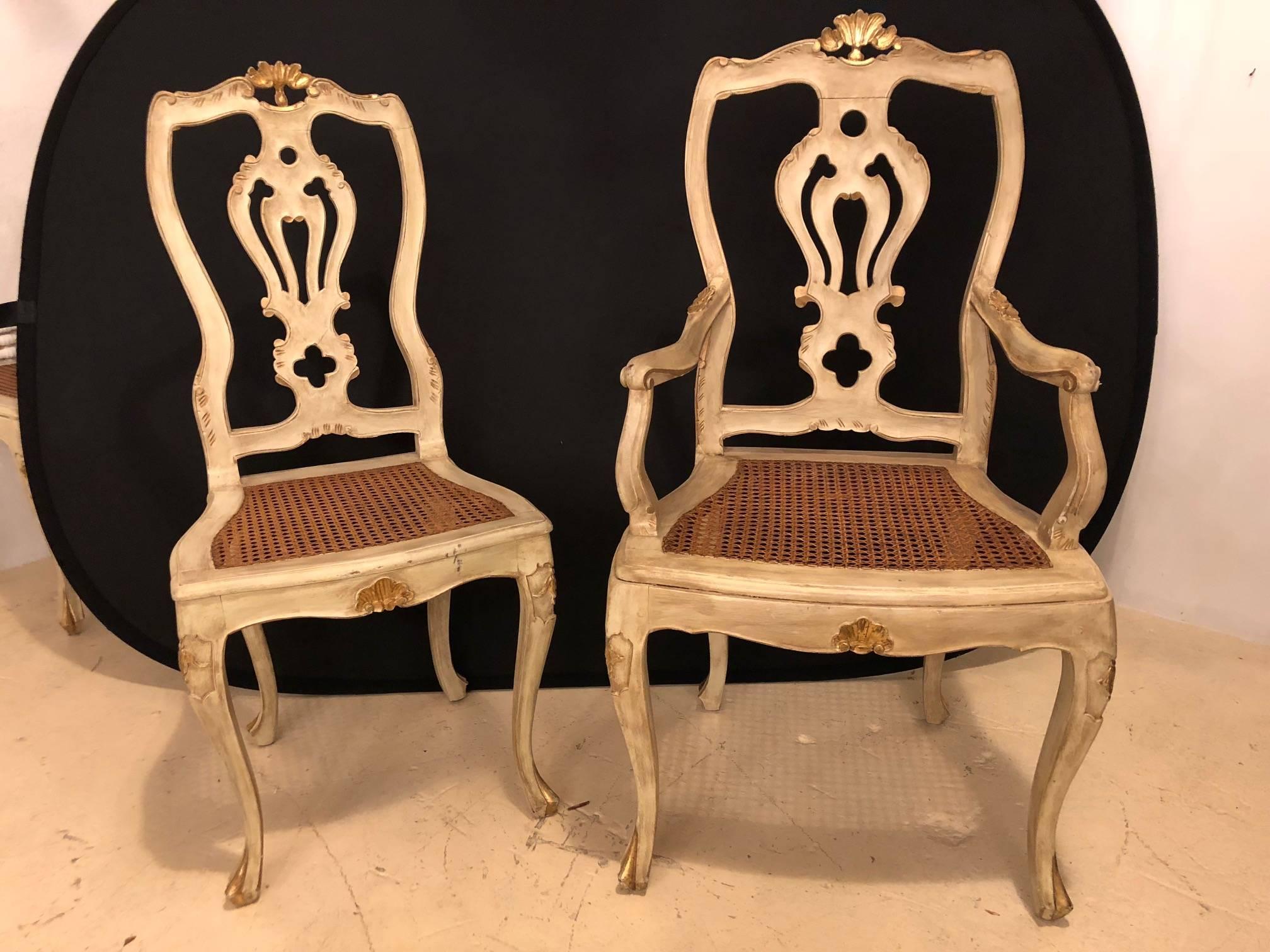 Renaissance Set of 10 Venetian Parcel-Gilt and Paint Decorated Dining Chairs