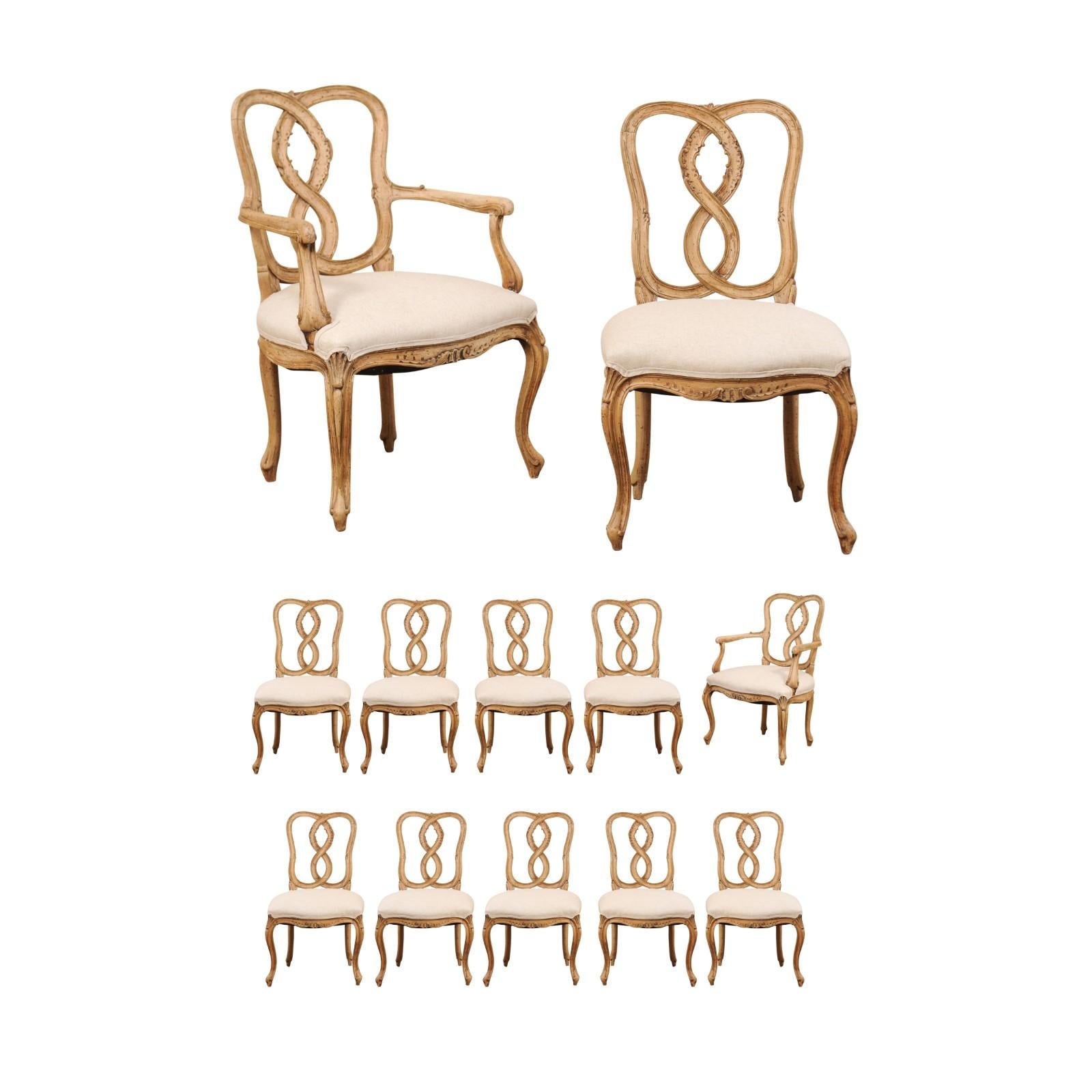 Set of Twelve Venetian Style Carved Wood Ribbon Back-Splat Dining Room Chairs