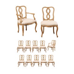 Set of Twelve Venetian Style Carved Wood Ribbon Back-Splat Dining Room Chairs