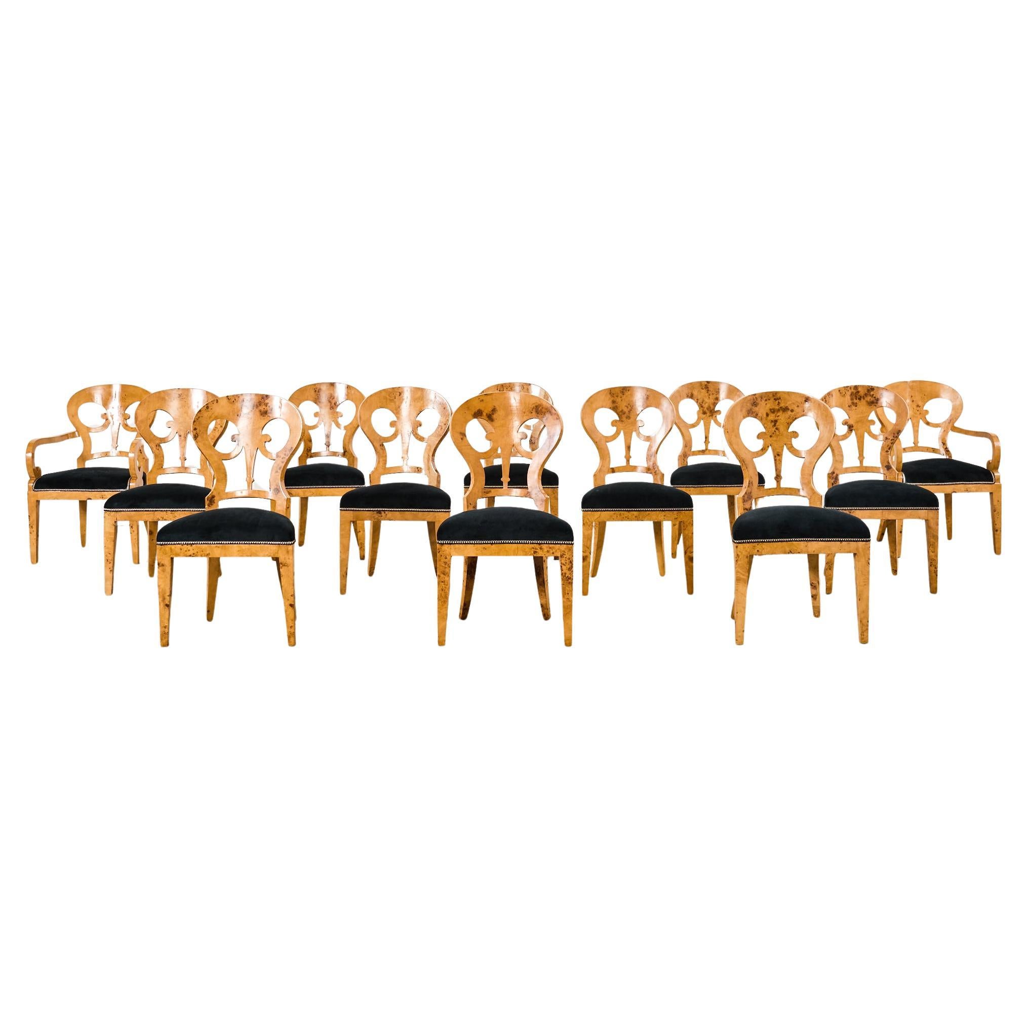 Set of Twelve Viennese Biedermeier Style Burl Maple Dining Chairs For Sale