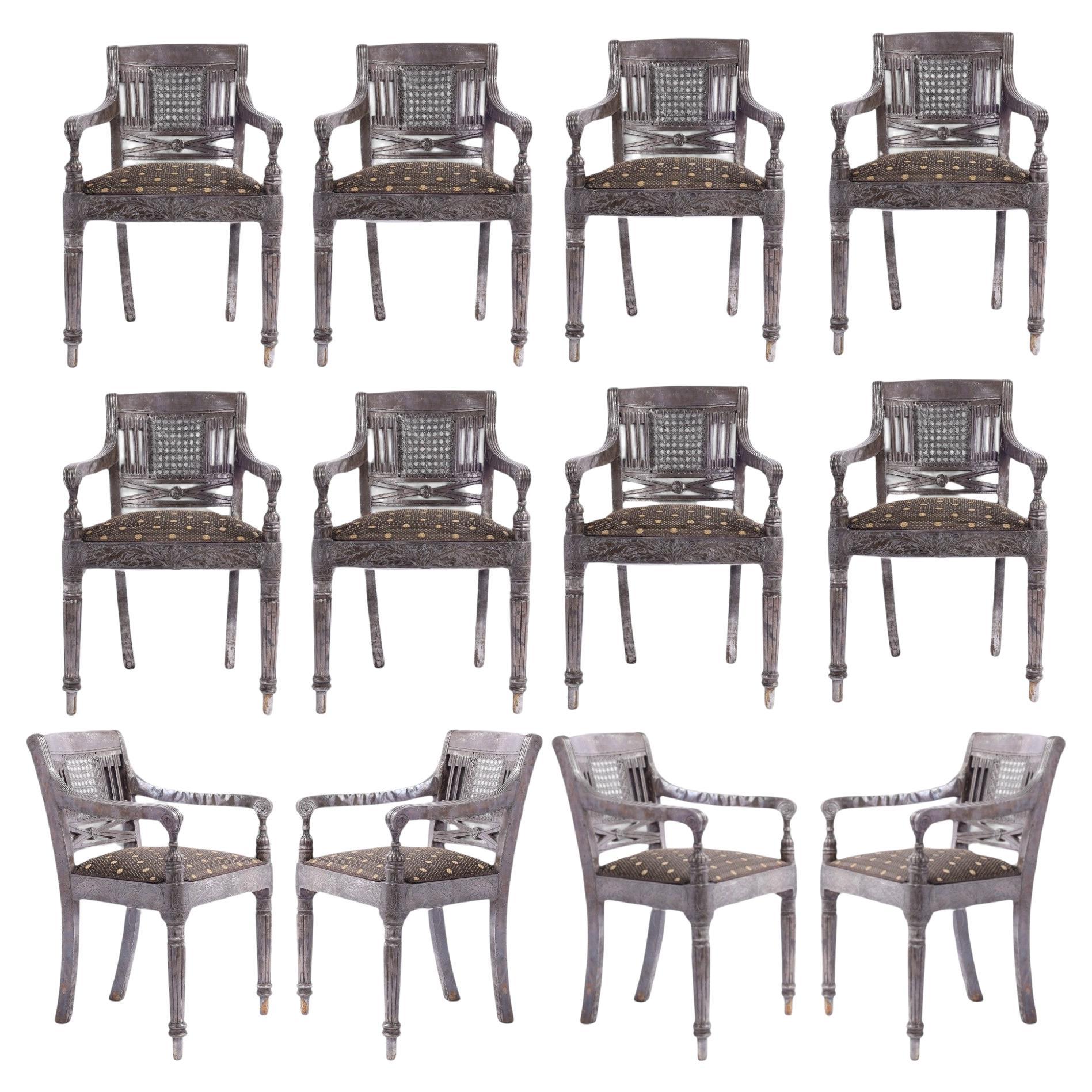 Set of Twelve Vintage Anglo Indian Metal Clad Neoclassical Armchairs