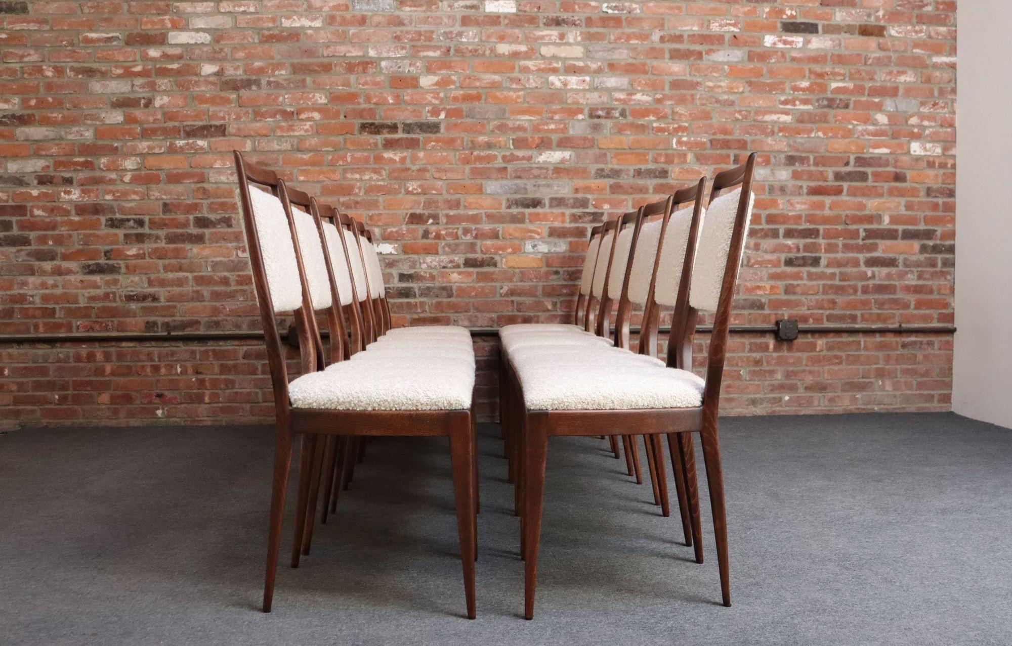 Bouclé Set of Twelve Vintage Italian Modern Walnut Dining Chairs by Vittorio Dassi