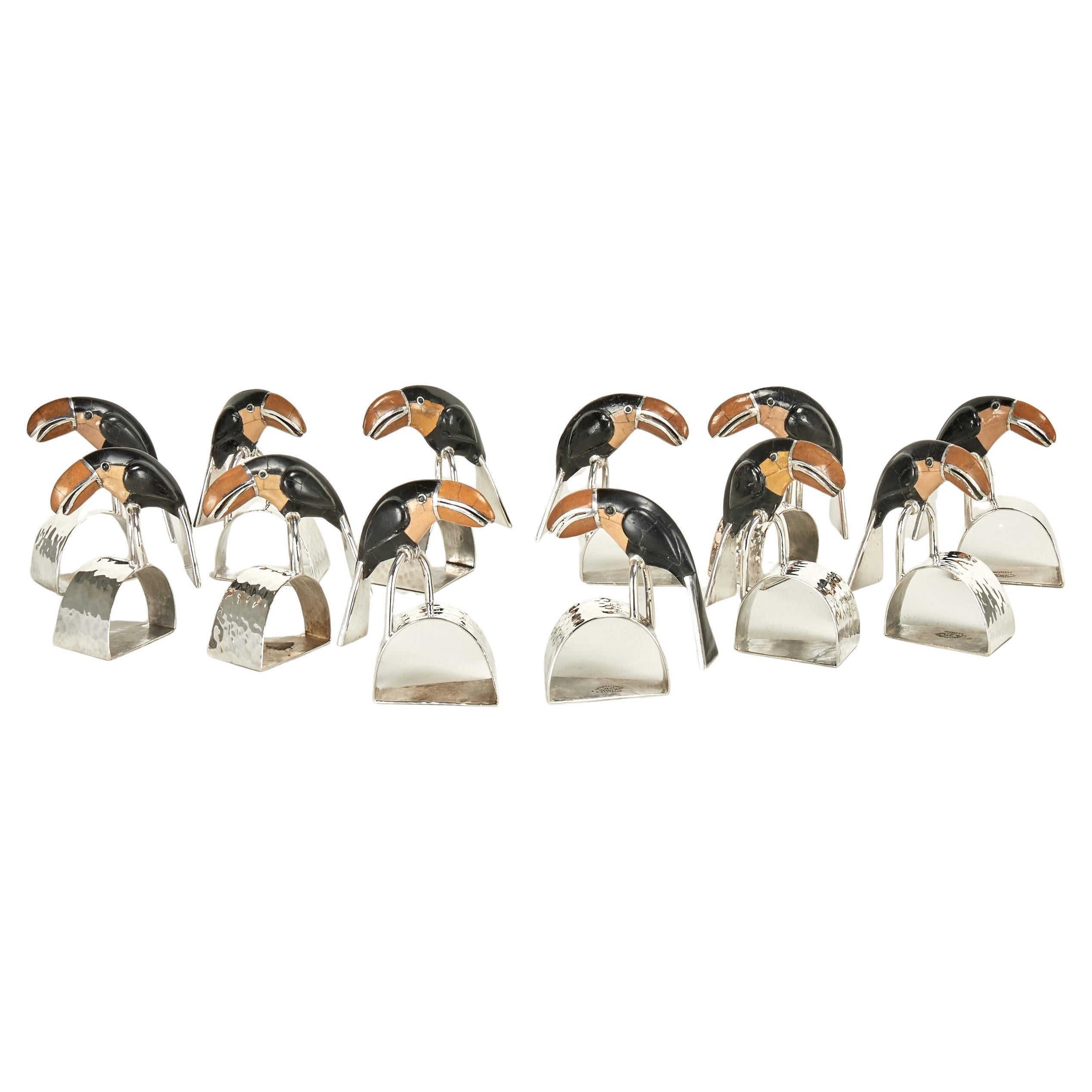 Set of Twelve Vintage Silver Plate Napkin Rings with Toucans by Emilia Castillo