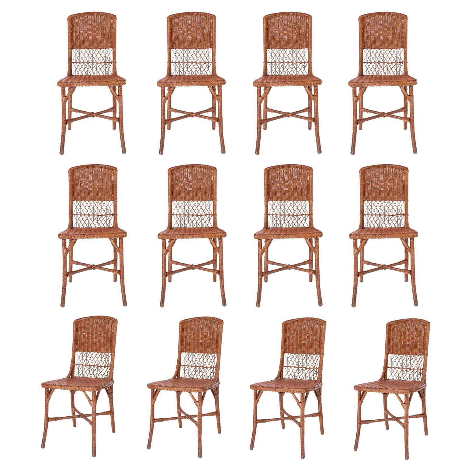 Set of Twelve Vintage Wicker Dining Chairs For Sale